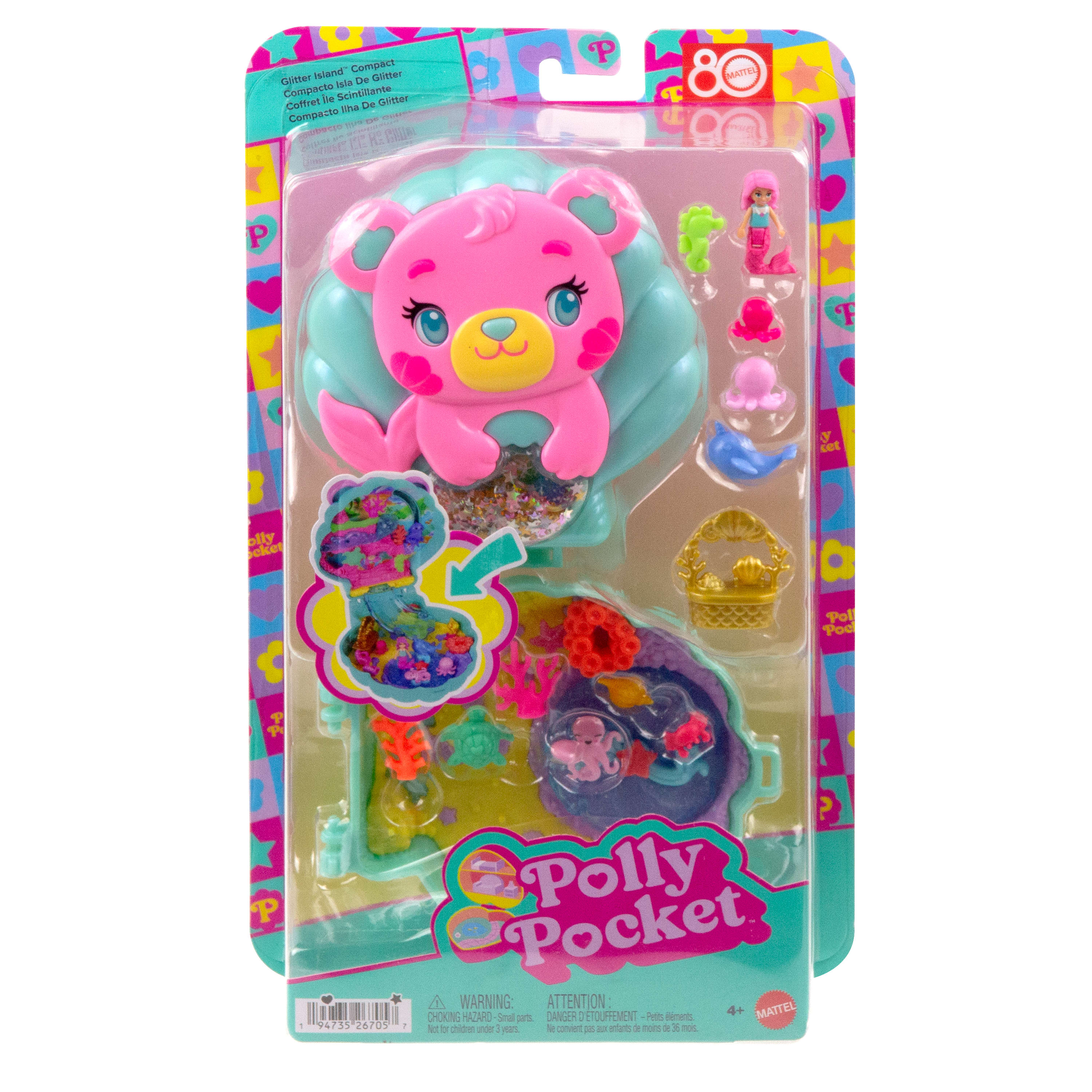 Polly Pocket Spielzeug mit pinkem Bären, Meerjungfrau und Zubehör in einer Schatulle.