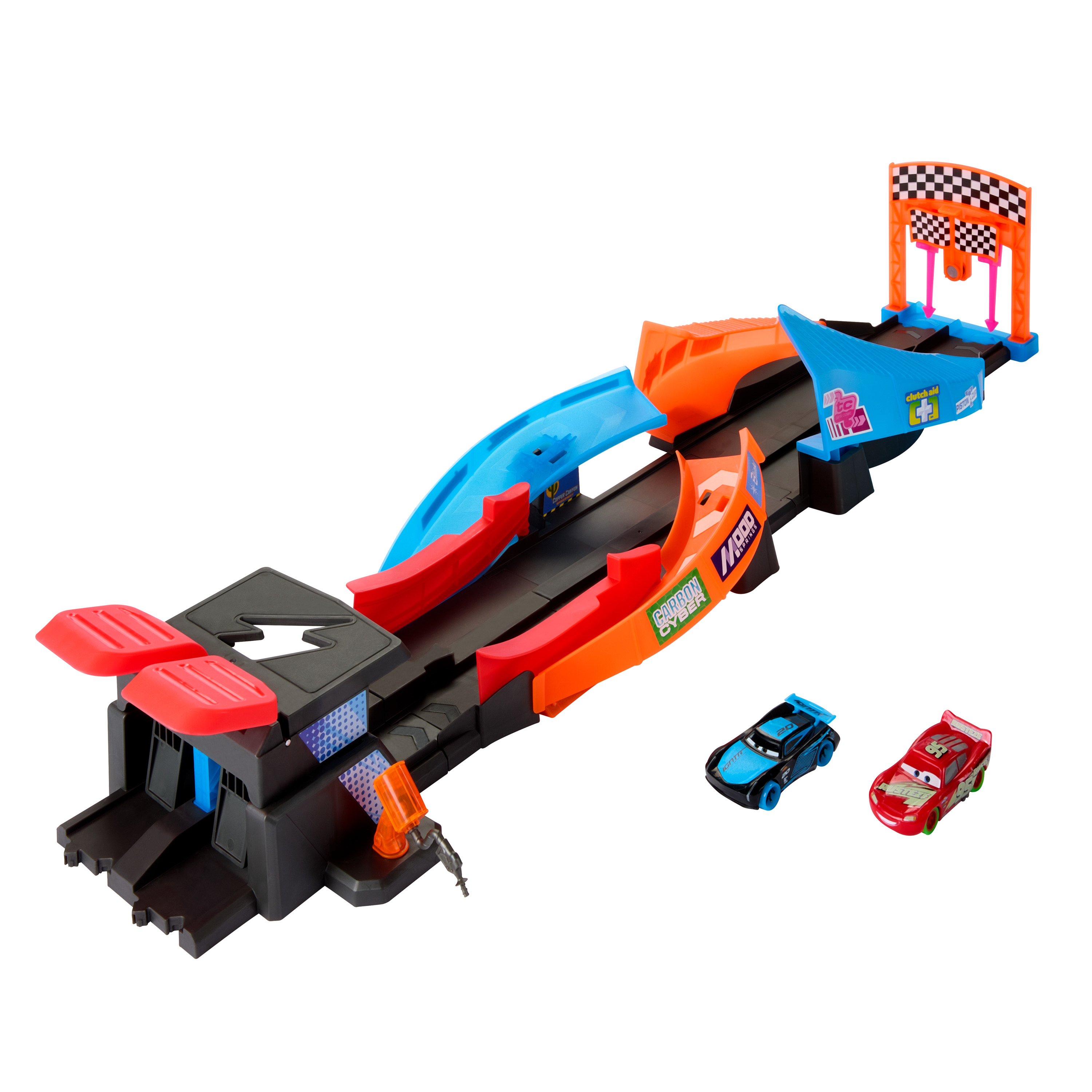 Ein Spielzeug-Autorennbahn-Set mit zwei Autos, einem schwarzen/blauen und einem roten.