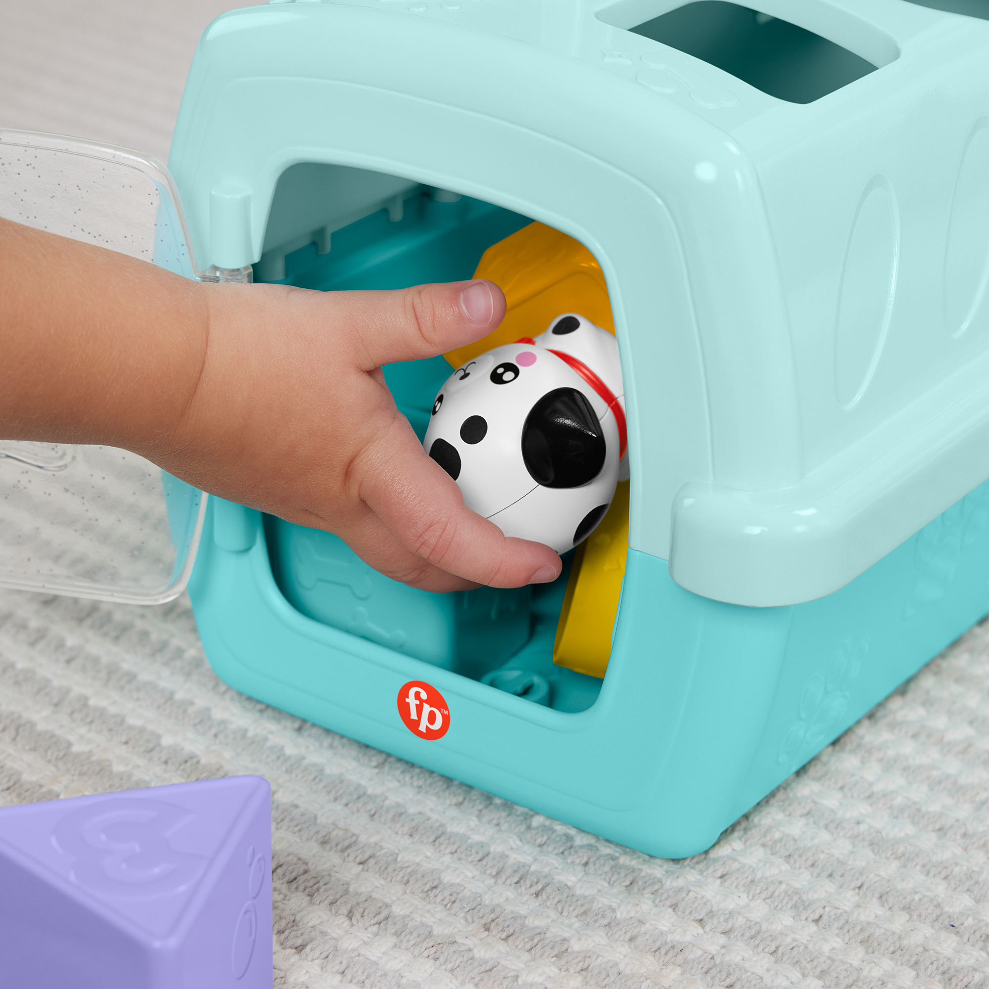 Ein Kind steckt einen schwarz-weißen Spielzeughund in eine türkise Transportbox.