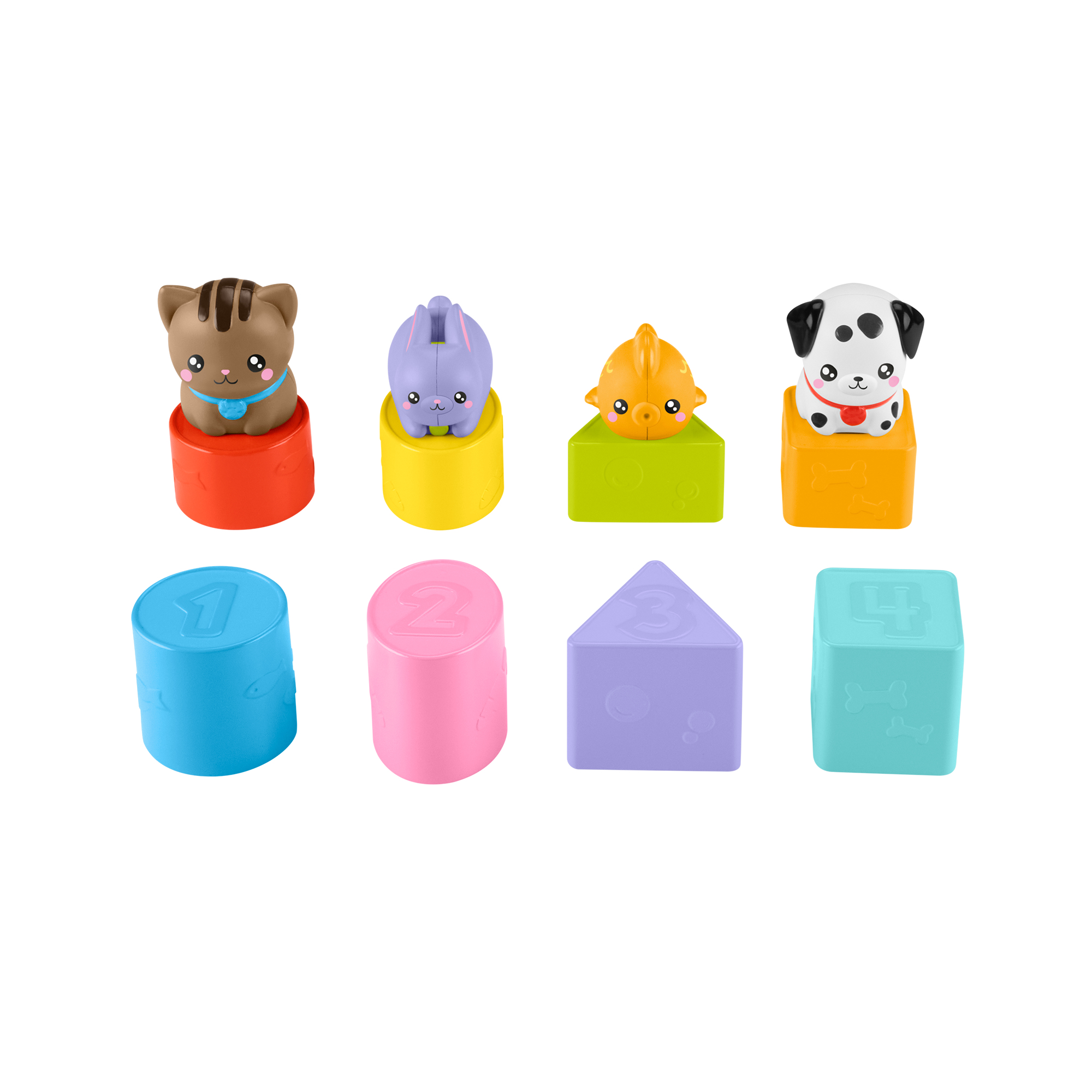 Spielzeugtiere und Zahlenblöcke: Katze, Hase, Vogel, Hund und Blöcke 1-4.
