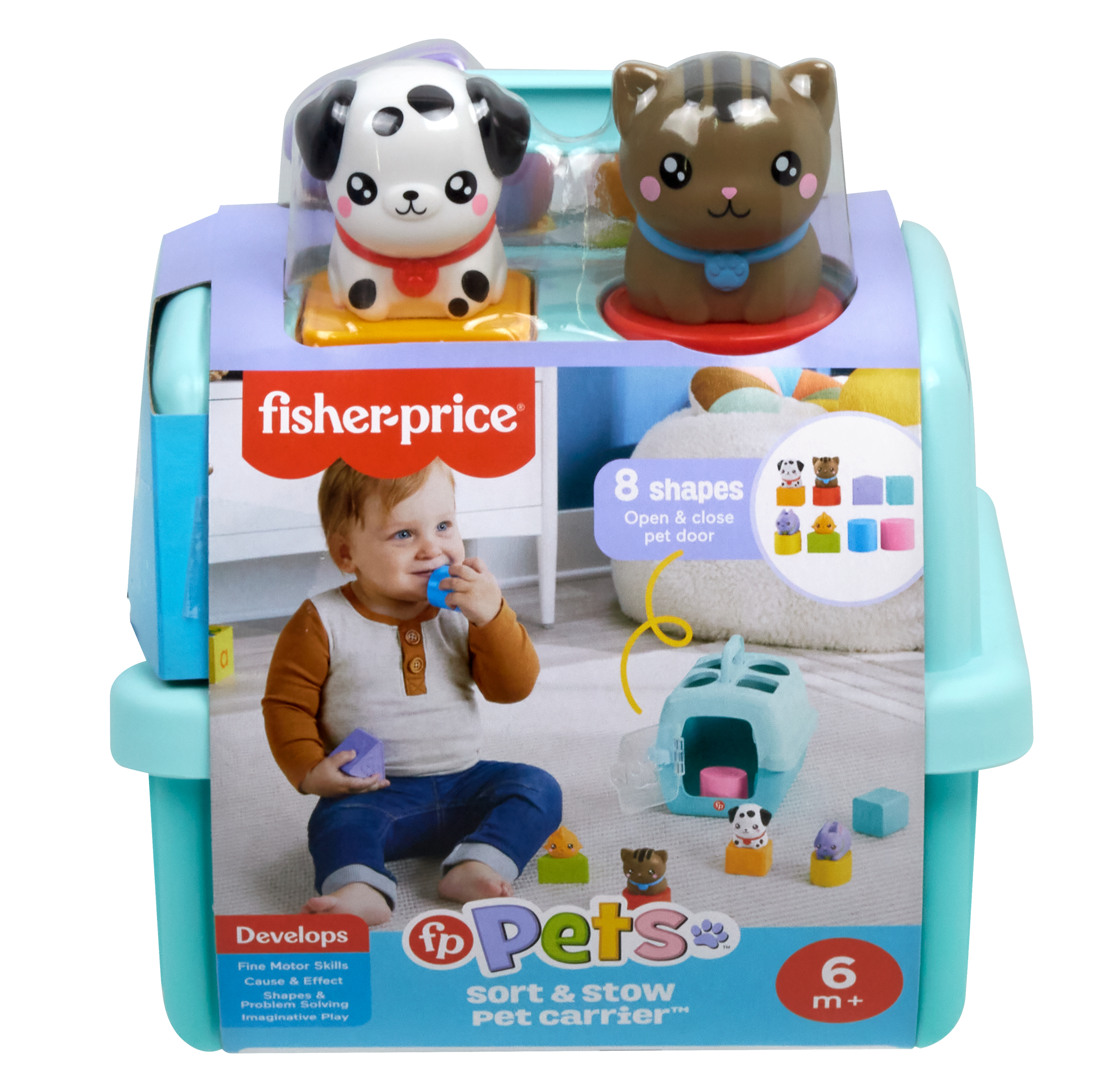 Fisher-Price Tier-Sortierspielzeug mit Baby, Hund, Katze und Formen.