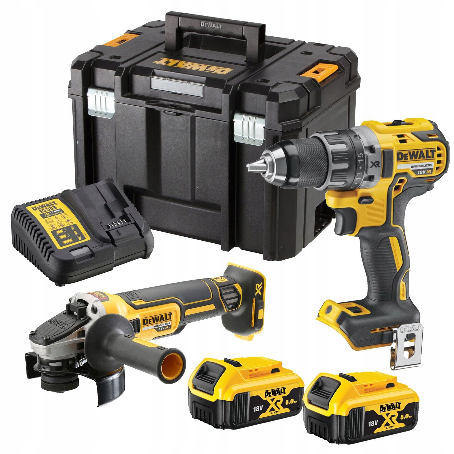 DeWalt Werkzeugset: Bohrmaschine, Winkelschleifer, Ladegerät, 2 Akkus, Koffer.