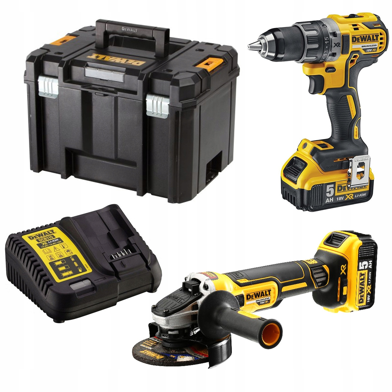 Werkzeugkasten, Bohrmaschine, Ladegerät und Winkelschleifer von DeWalt.