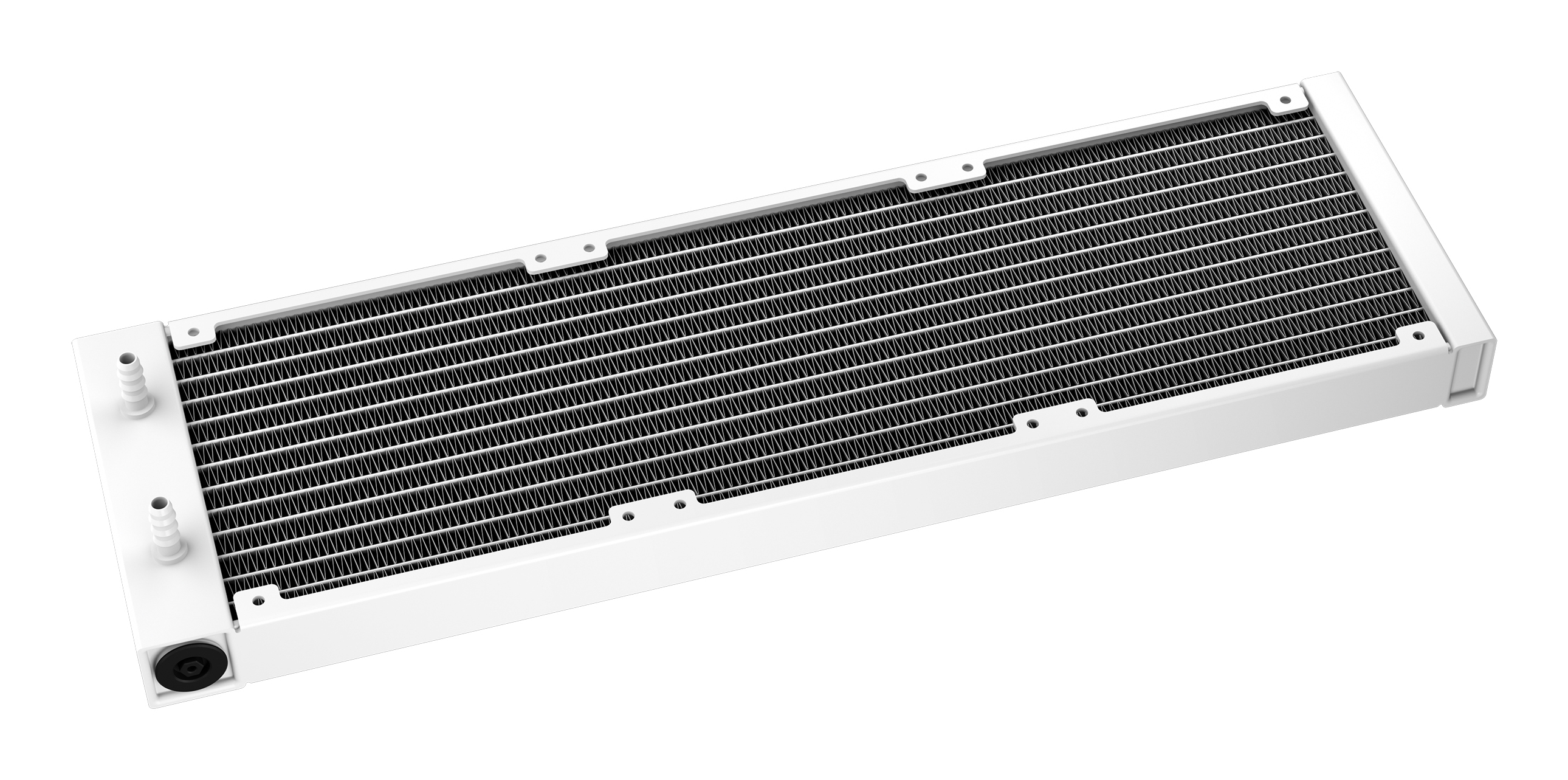 Biały radiator z czarnymi żeberkami i złączami.