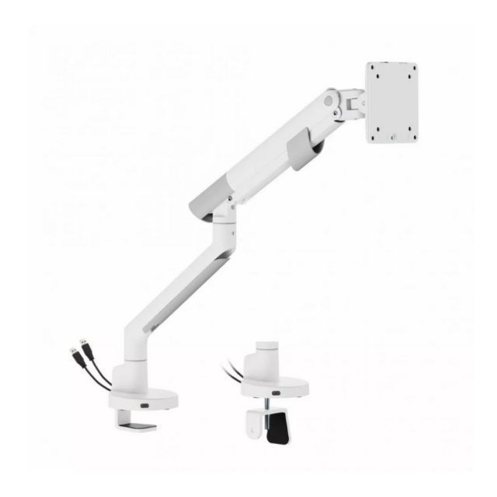 Białe ramię monitora z zaciskiem i portami USB.