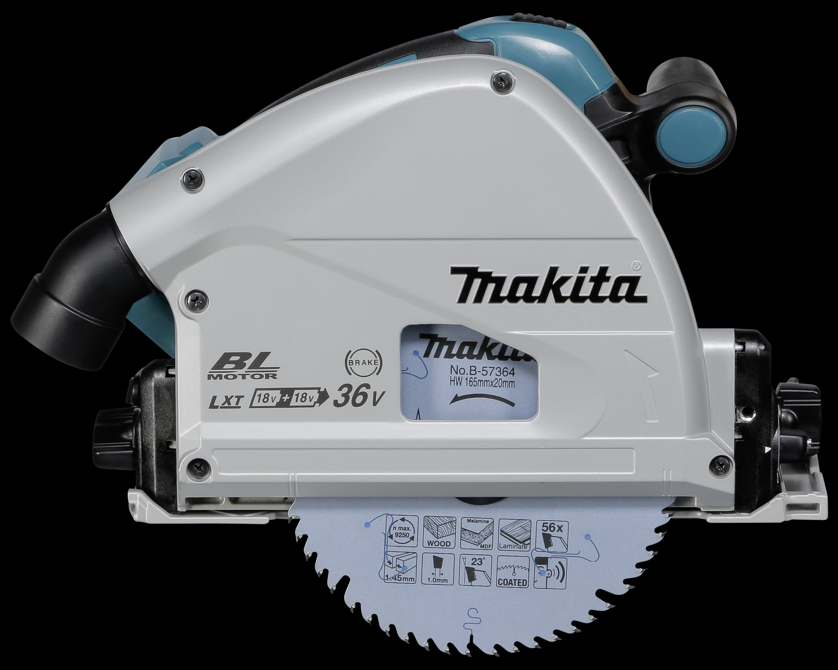 Eine Makita Akku-Kreissäge in Weiß und Blau mit Sägeblatt und Details.