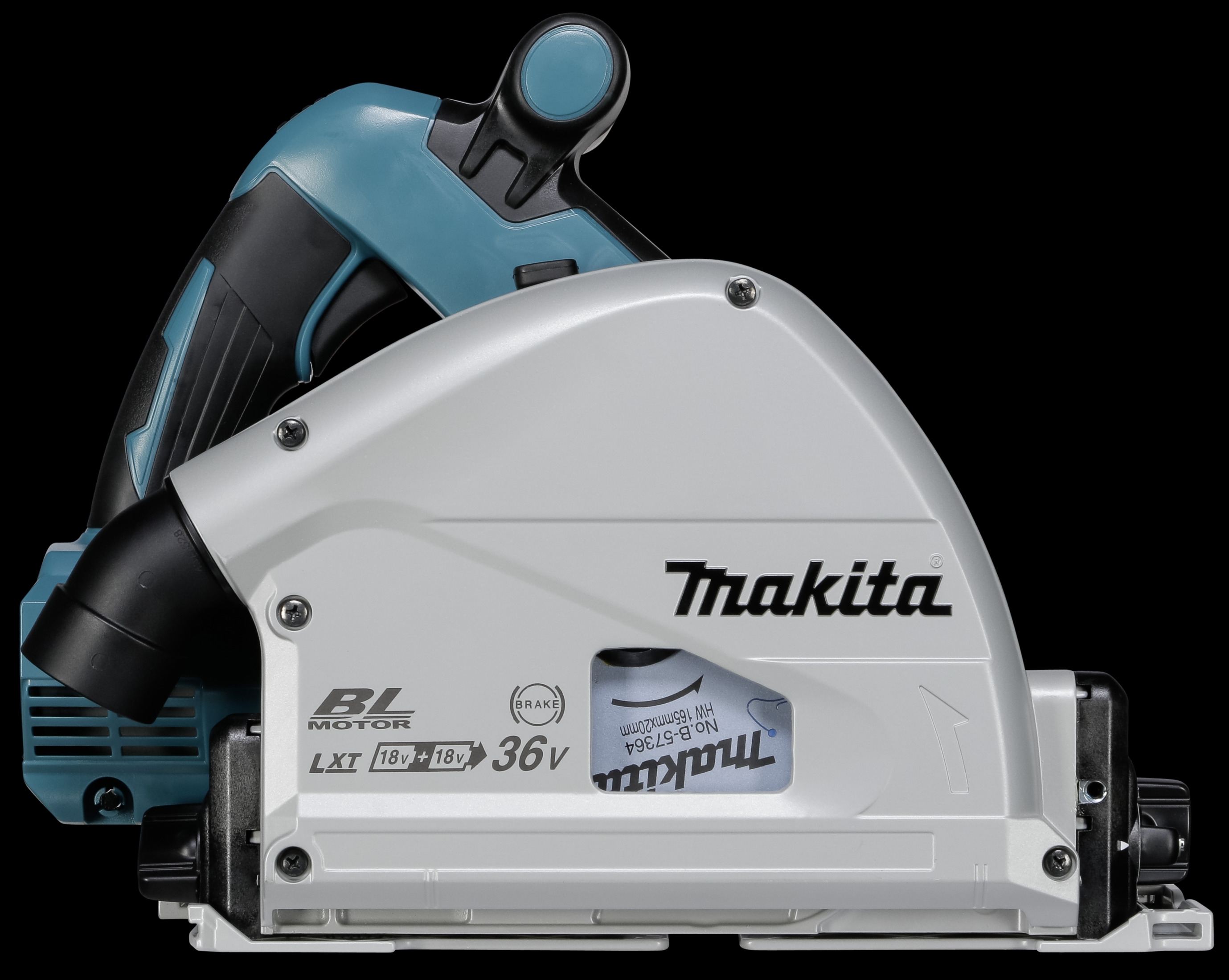 Grauer und blauer Makita-Kreissägen-Akku-Schneider mit schwarzem Griff.