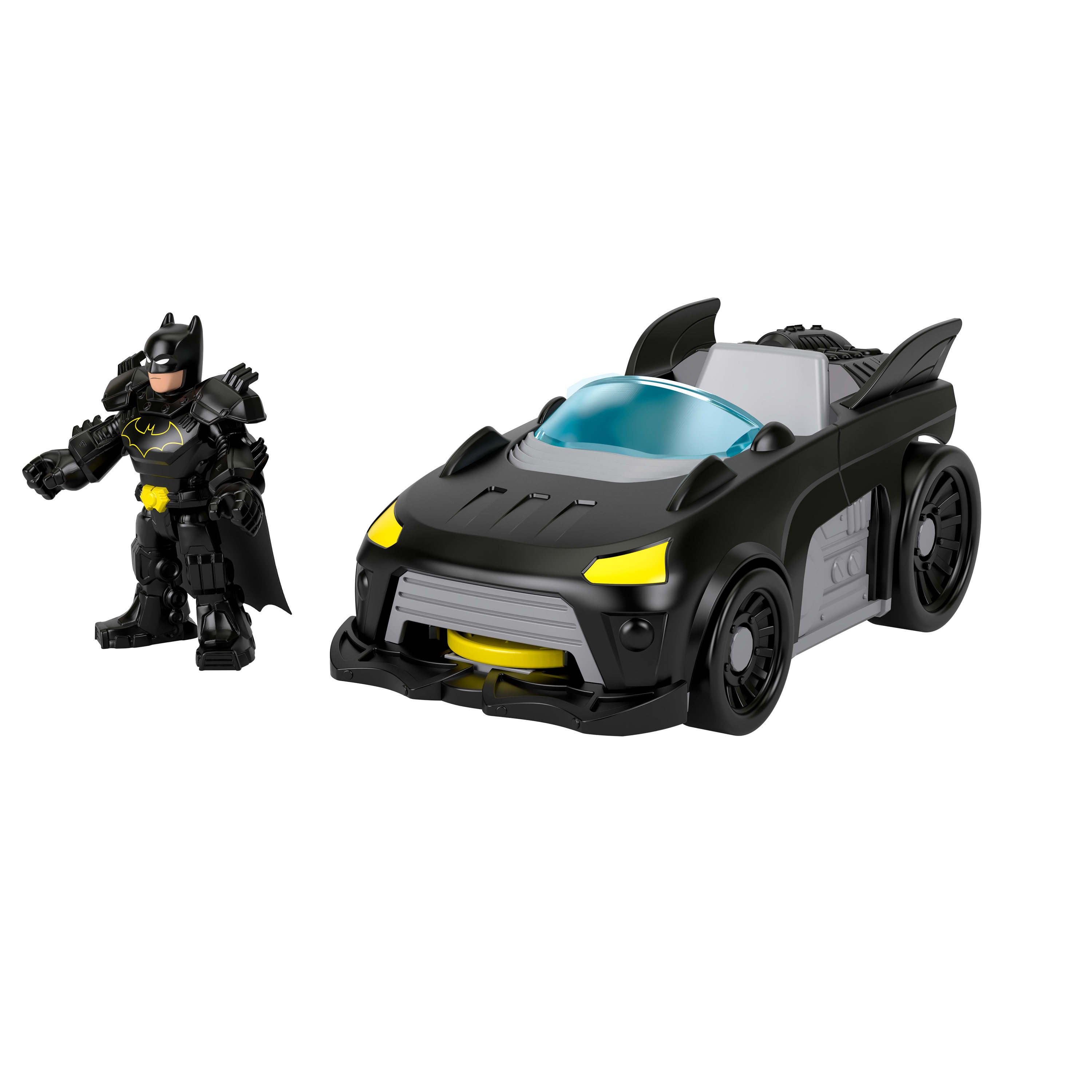 Una figura de Batman junto a un coche de juguete negro con faros amarillos.