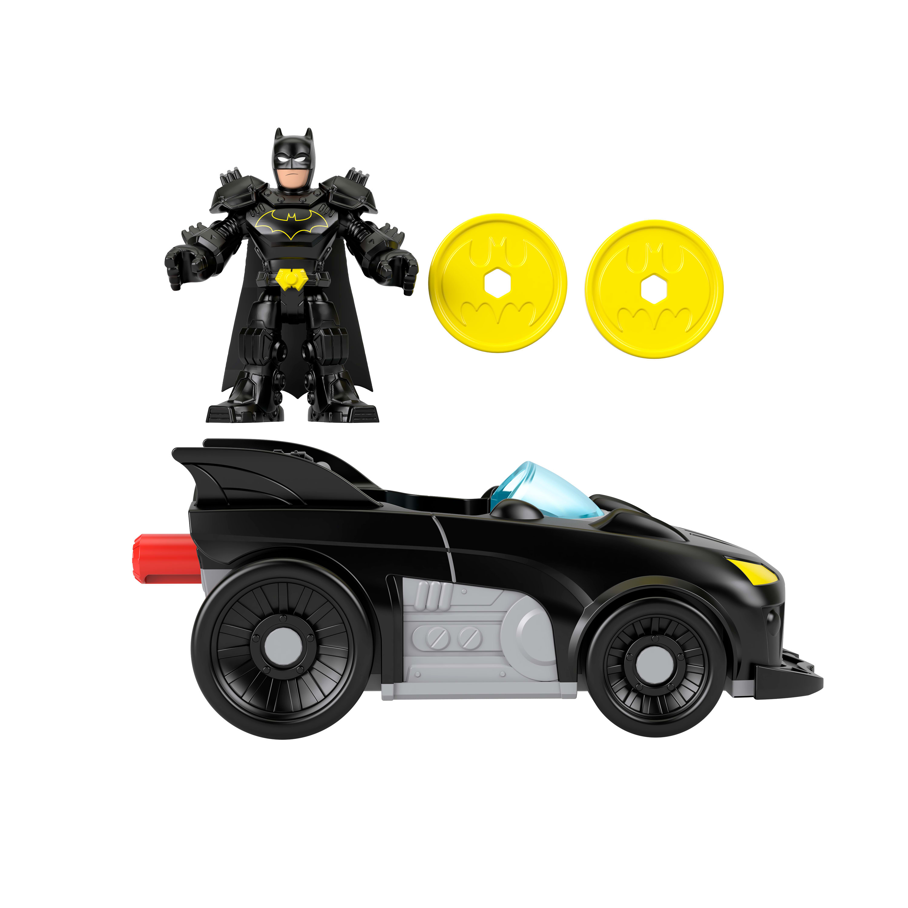 Figura de Batman con coche negro y dos monedas amarillas con logo de Batman.