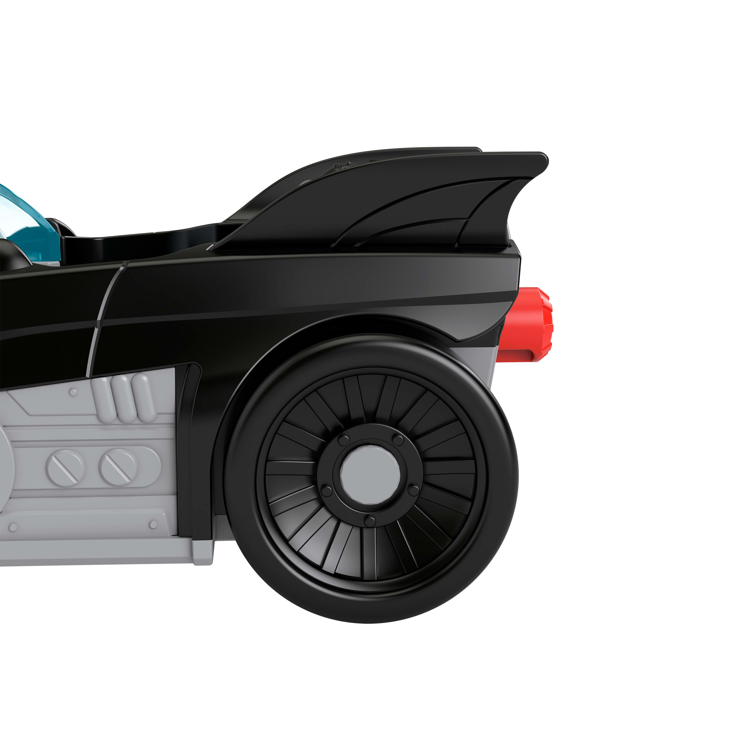 Coche de juguete negro con detalles plateados, luz trasera roja y parabrisas azul.
