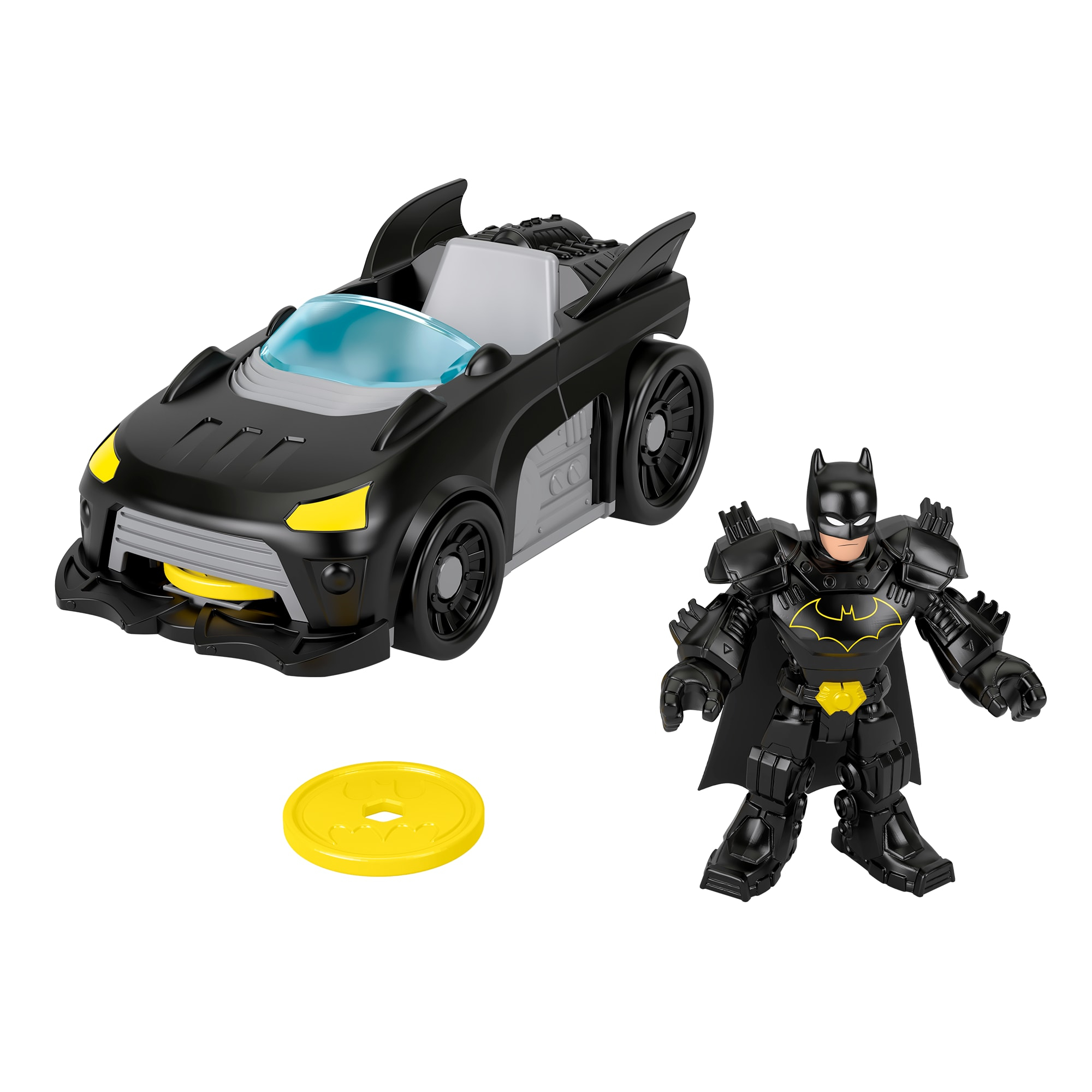 Figura de Batman con Batmóvil y moneda amarilla sobre fondo blanco.