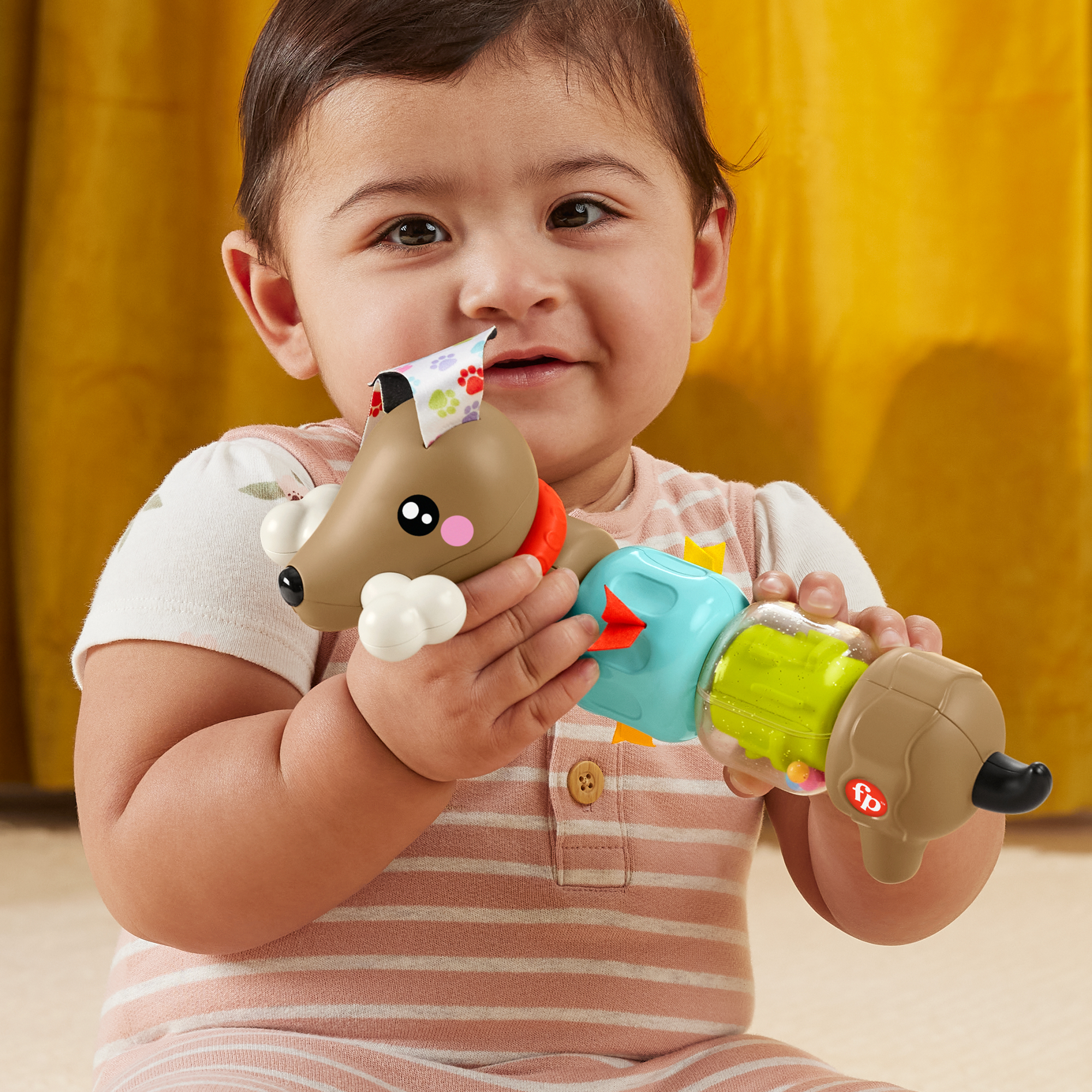 Ein Baby hält ein buntes Hundespielzeug mit Knochen und Rasseln.