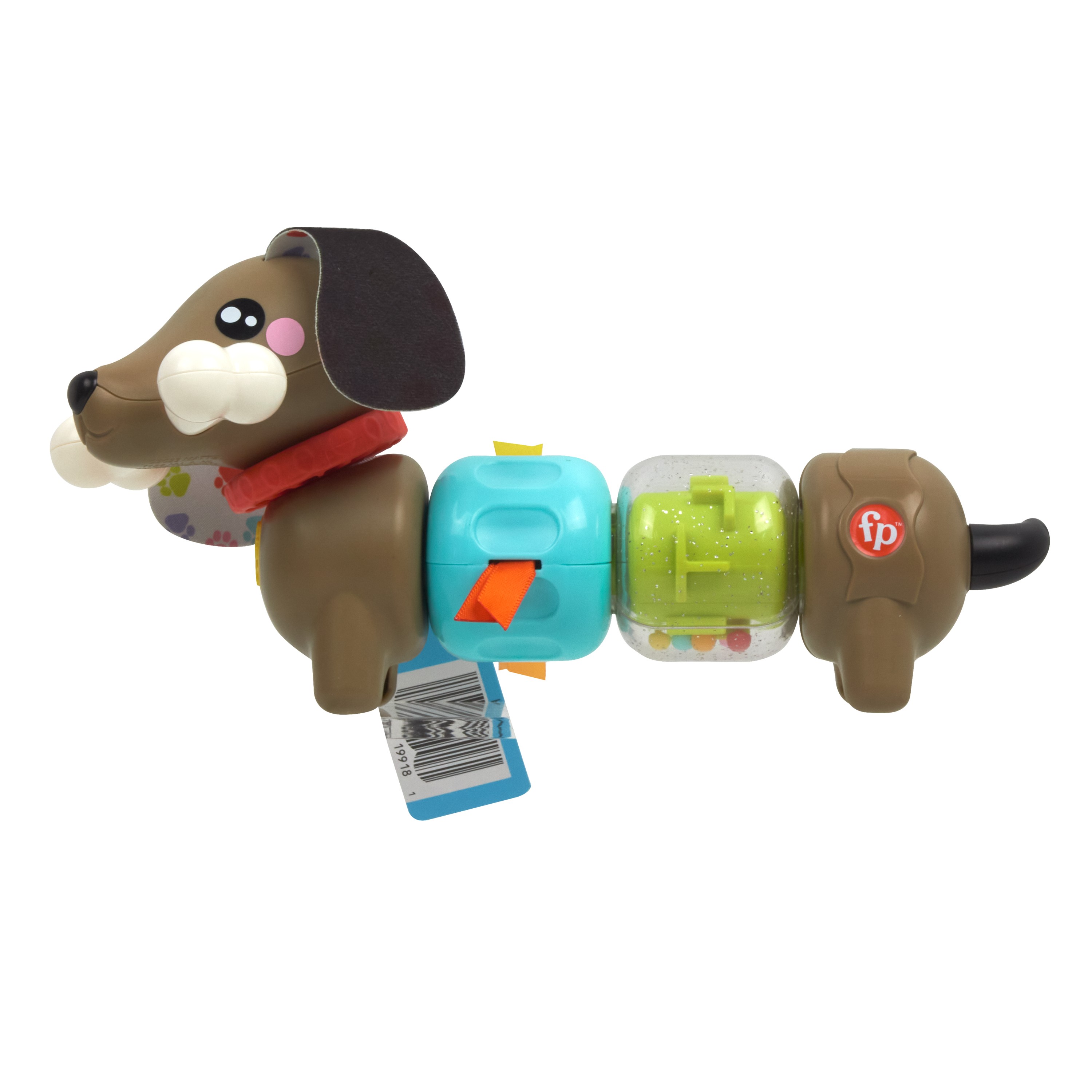 Ein braunes Spielzeug-Hundespielzeug mit bunten Segmenten und einem Knochen im Maul.