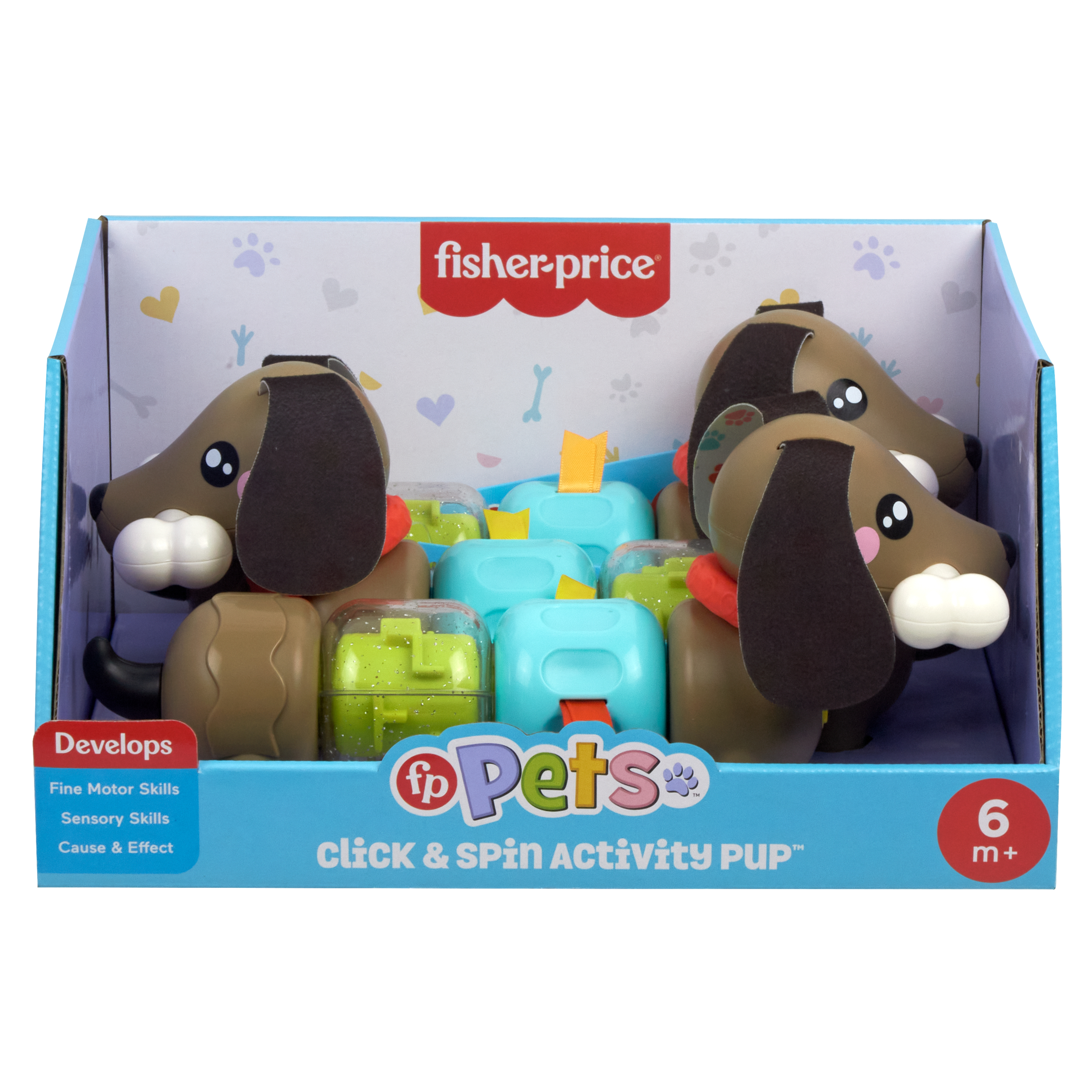 Fisher-Price Klick- & Dreh-Aktivitätswelpe-Spielzeug im Karton.
