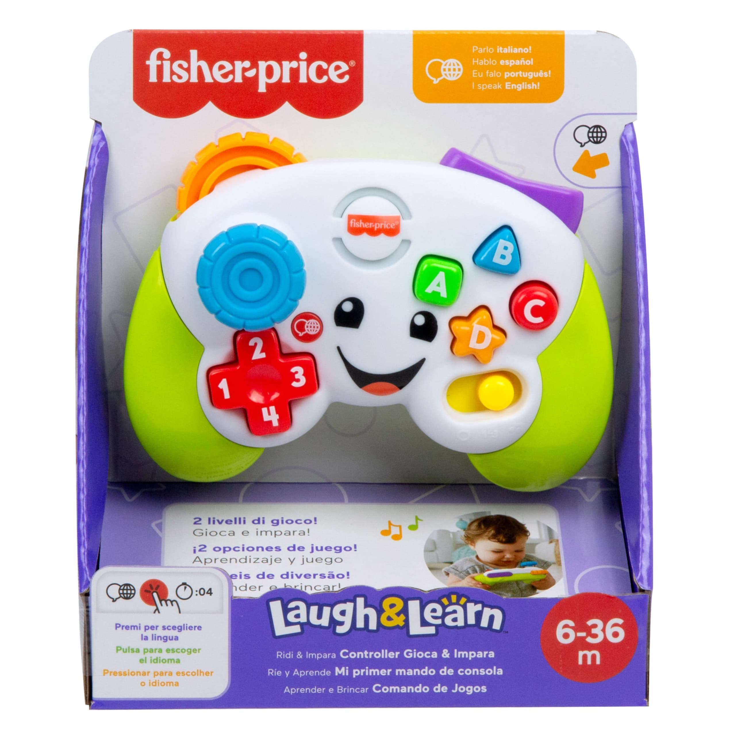 Mando de juguete Fisher-Price con botones, números y letras coloridos.