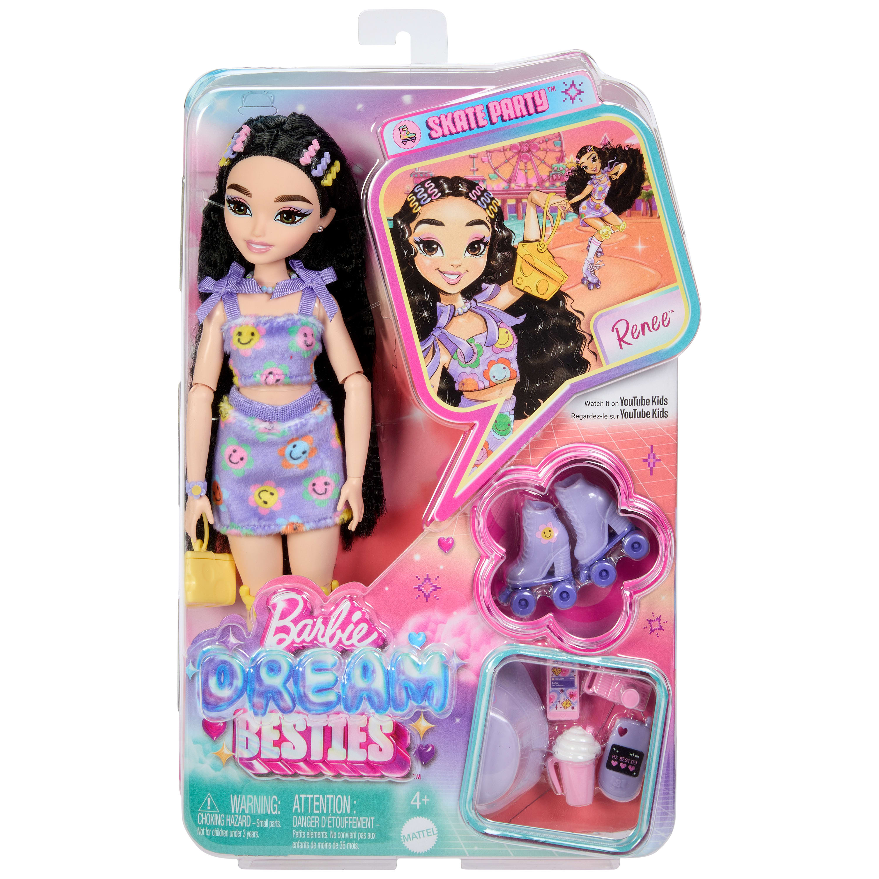 Barbie-Puppe in Verpackung mit lila Outfit, Rollschuhen und Accessoires.