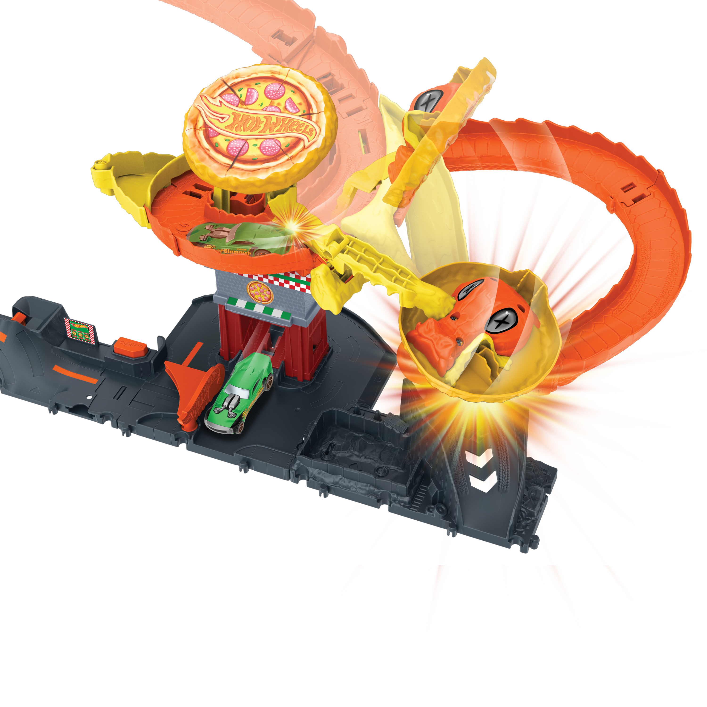 Pista de coches de juguete Hot Wheels con temática de pizza, rampa y coche.