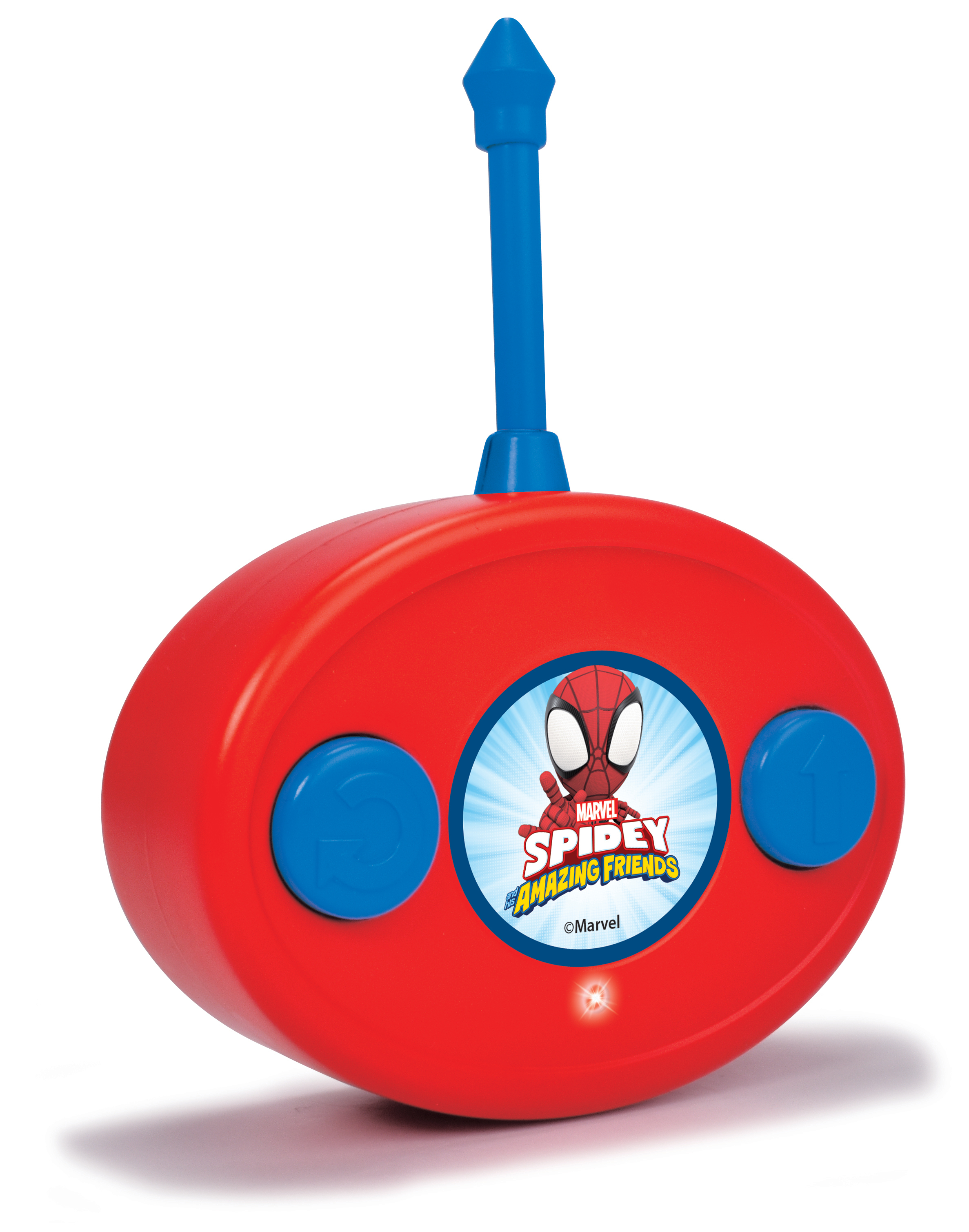 Czerwony pilot z niebieską antenką, logo Spidey i dwoma niebieskimi przyciskami.