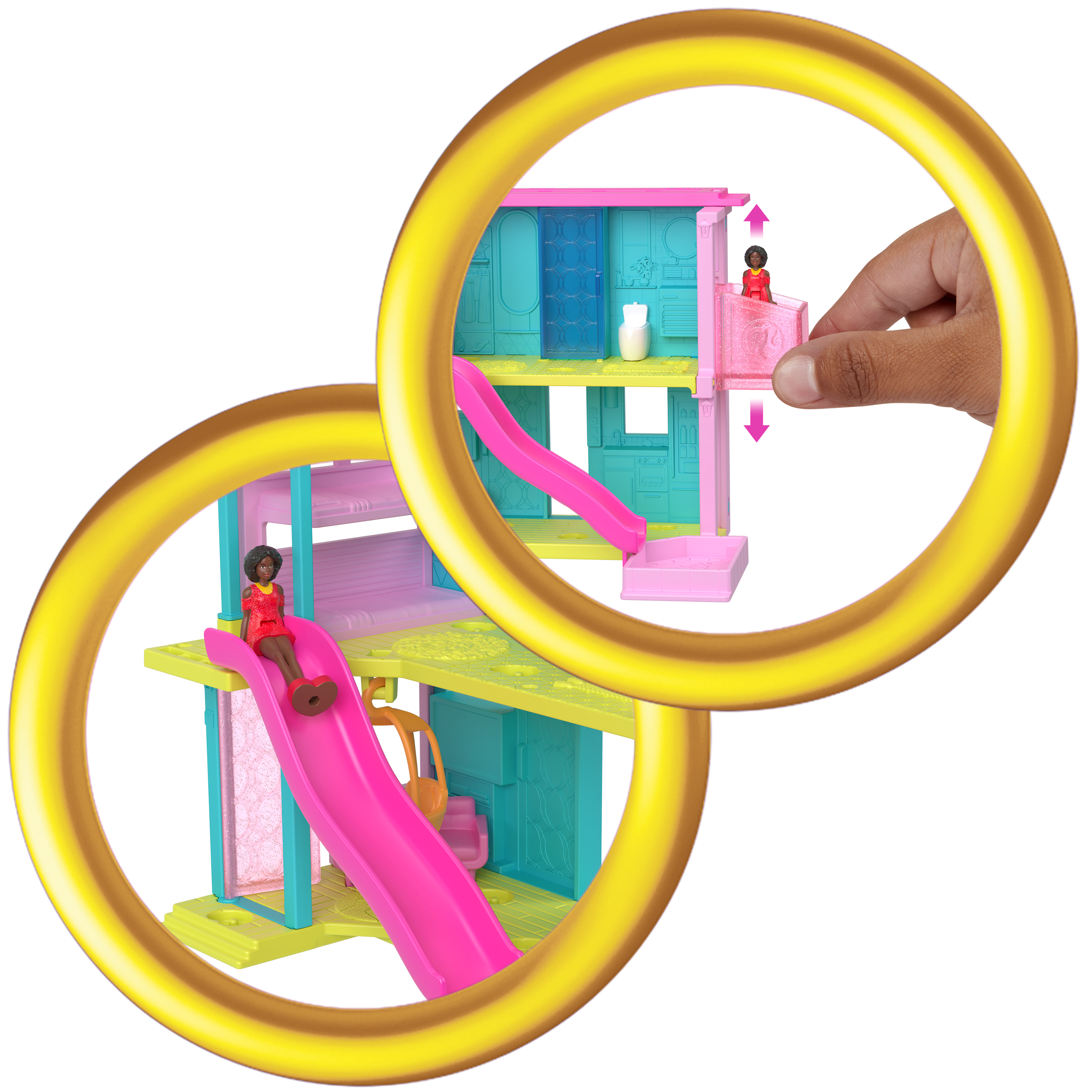 Ein Spielzeughaus mit zwei Ebenen, Rutsche, Puppe und Balkon.