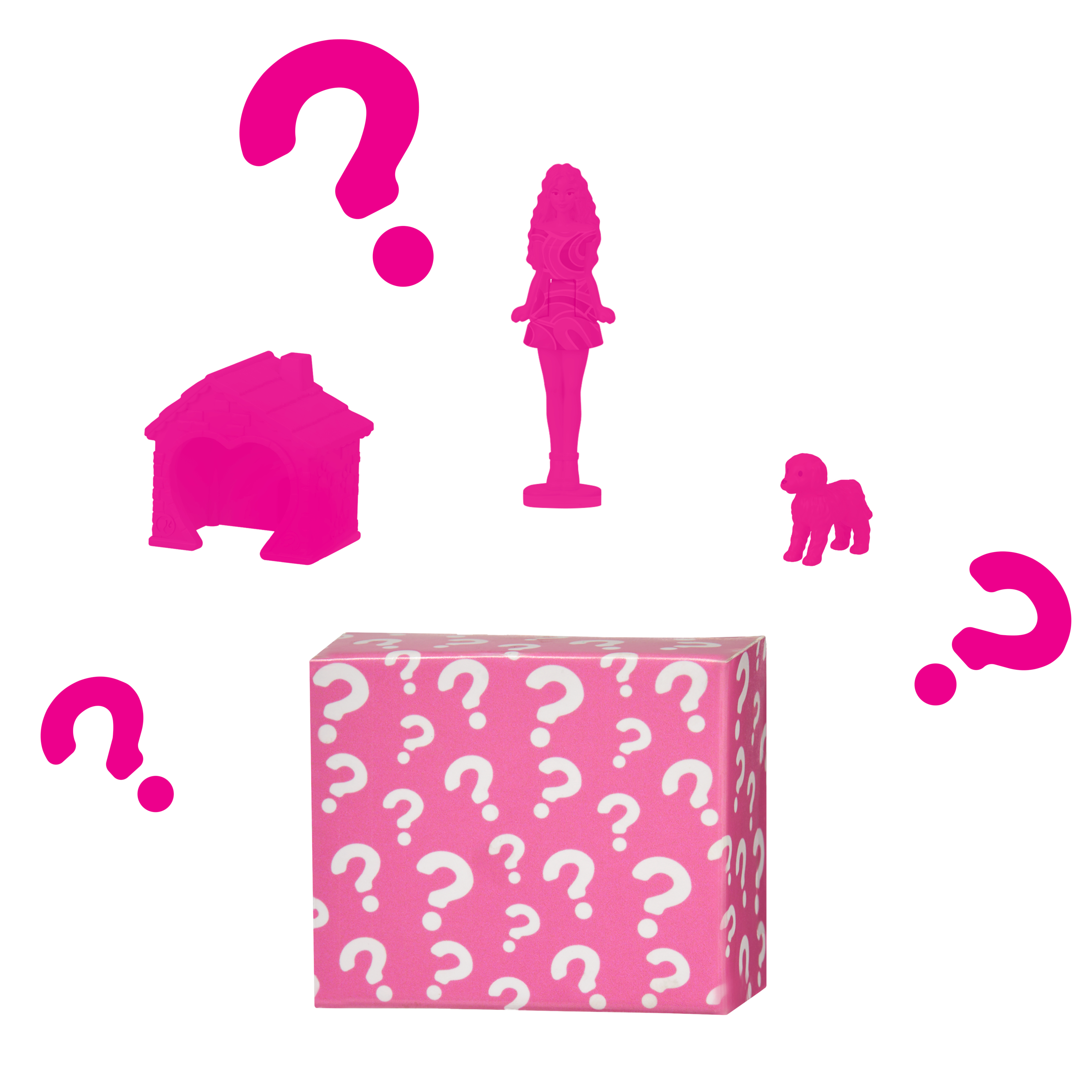 Ein rosa Überraschungspaket mit einer Figur, einem Haus und einem Hund.