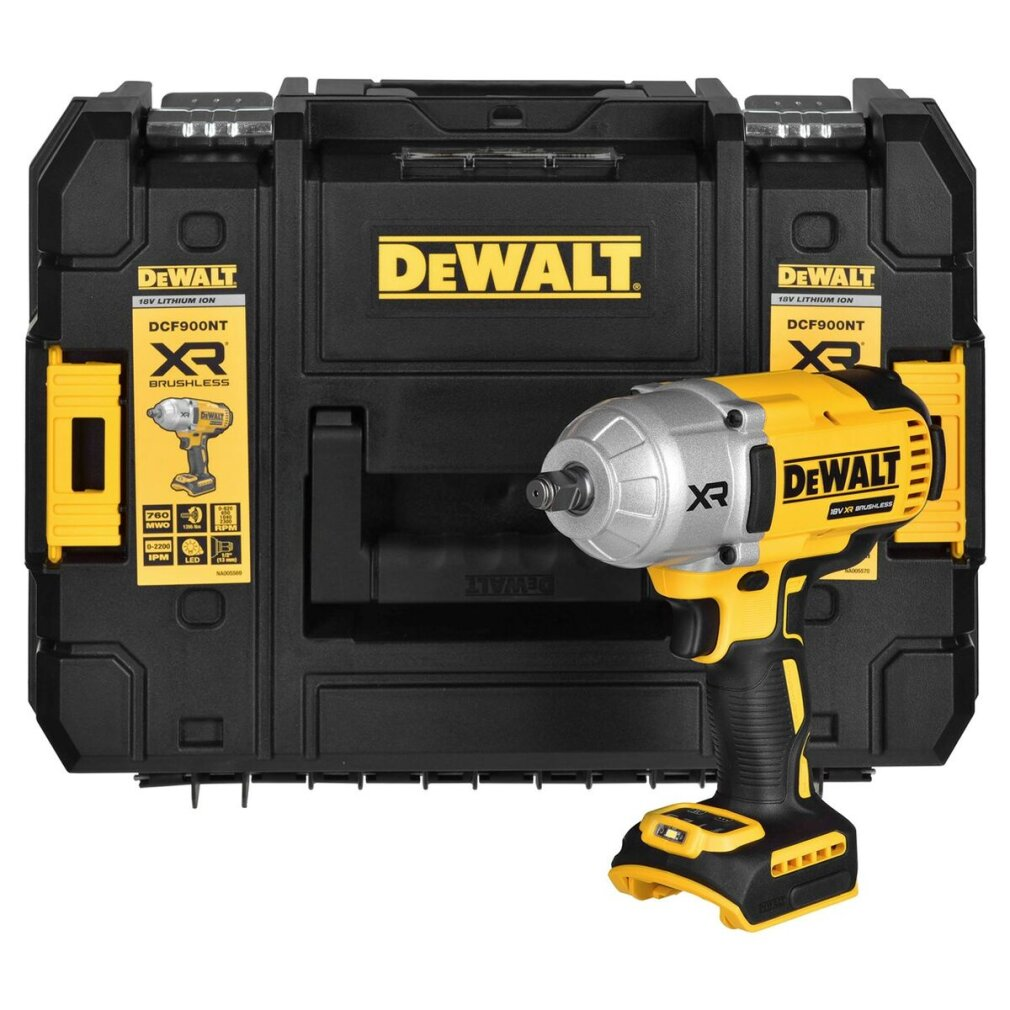 Ein gelber und silberner Schlagschrauber von DeWalt steht vor einer schwarzen Aufbewahrungsbox.