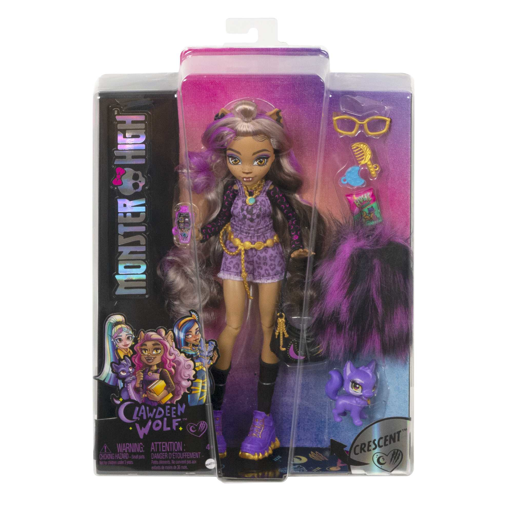Bambola Monster High Clawdeen Wolf con accessori viola e stampa leopardata.