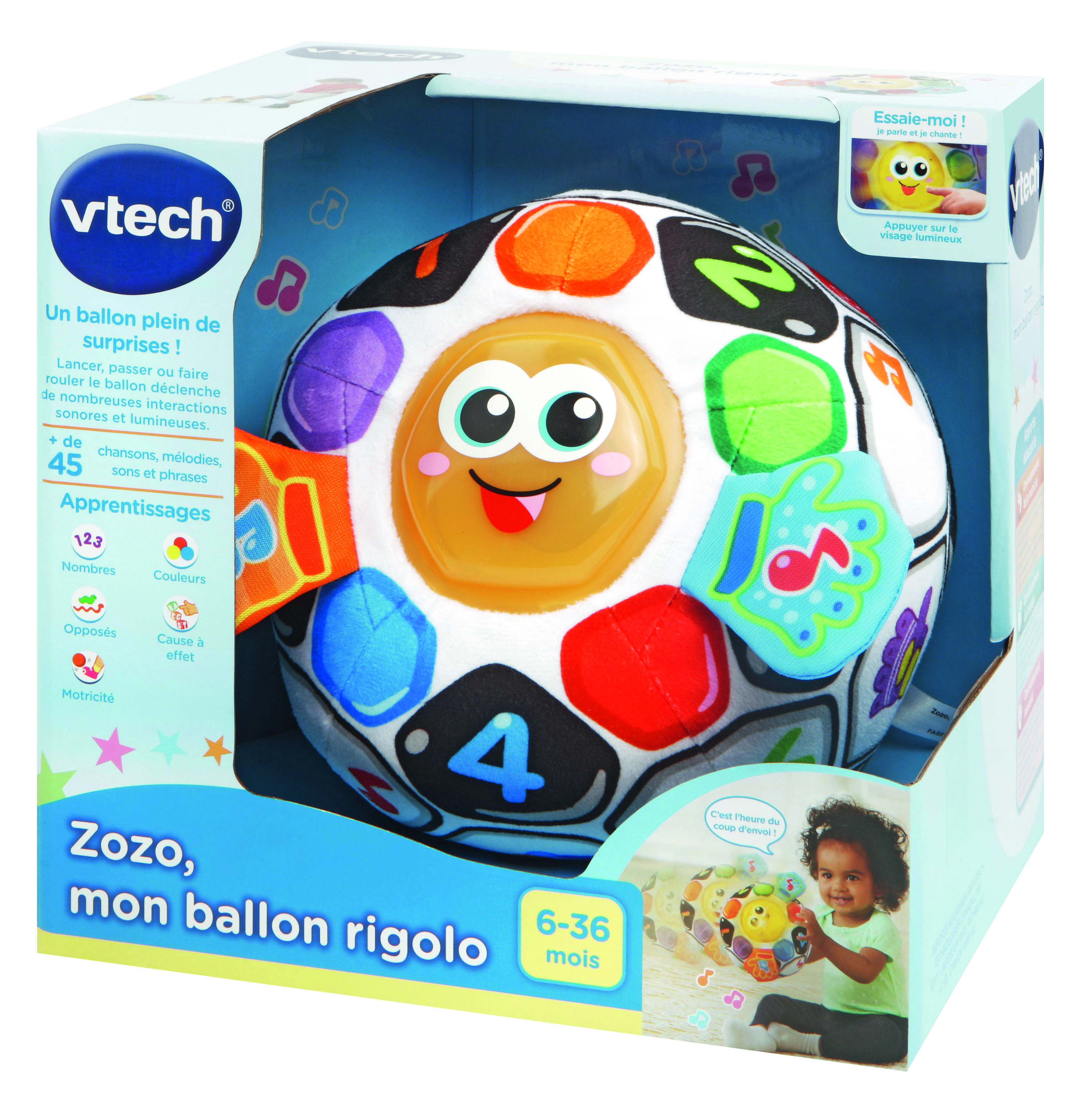 Ein bunter Vtech-Fußball mit Gesichtern, Zahlen und Musiknoten. Für Kinder ab 6 Monaten.