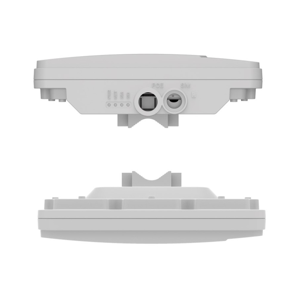 Biały router z portami POE, SIM. Widok od dołu pokazuje wspornik montażowy.