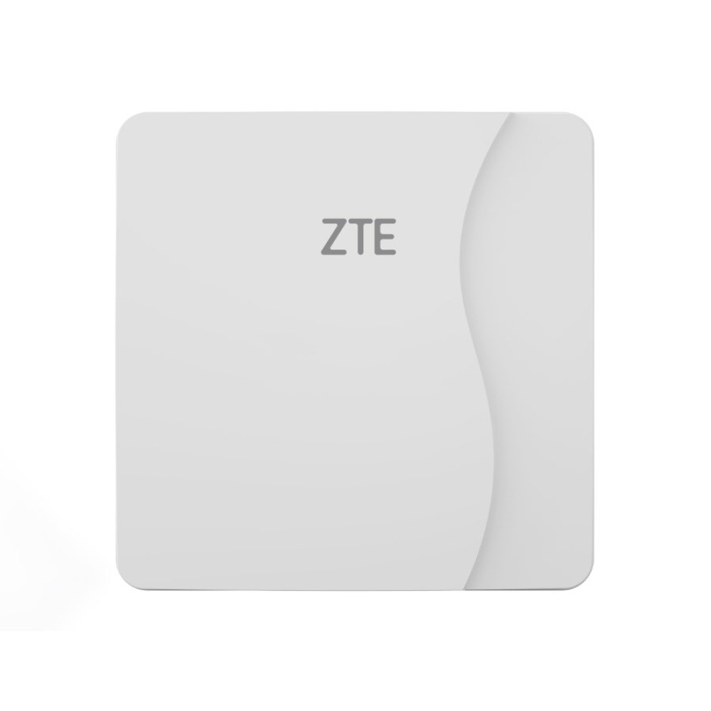 Białe kwadratowe urządzenie ZTE z zaokrąglonymi rogami, z subtelnym zakrzywionym elementem stylistycznym po prawej stronie.