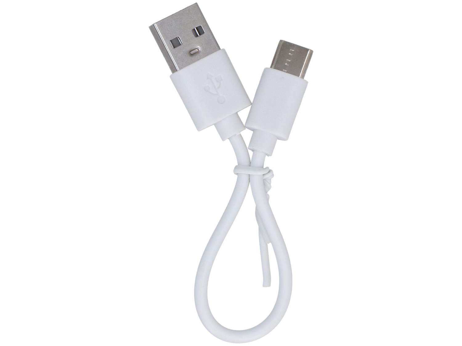 Biały kabel USB z wtyczkami USB-A i USB-C, na białym tle.