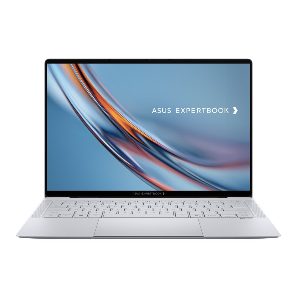 Srebrny laptop Asus Expertbook z podświetlaną klawiaturą i abstrakcyjną tapetą na ekranie.