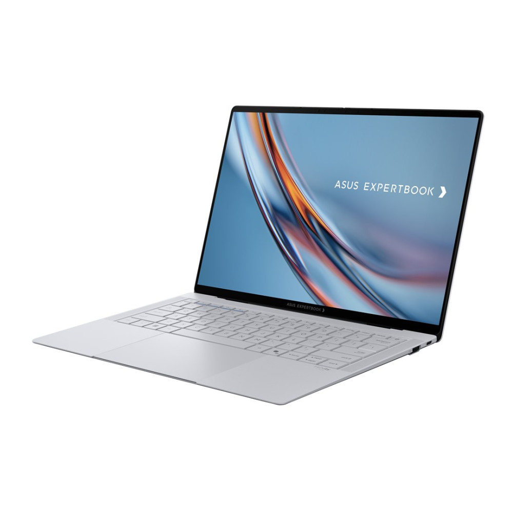 Otwarty, srebrny laptop Asus ExpertBook z abstrakcyjnym tłem na ekranie.