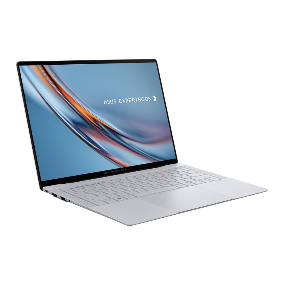 Srebrny laptop ASUS ExpertBook z abstrakcyjnym niebiesko-pomarańczowym tłem.