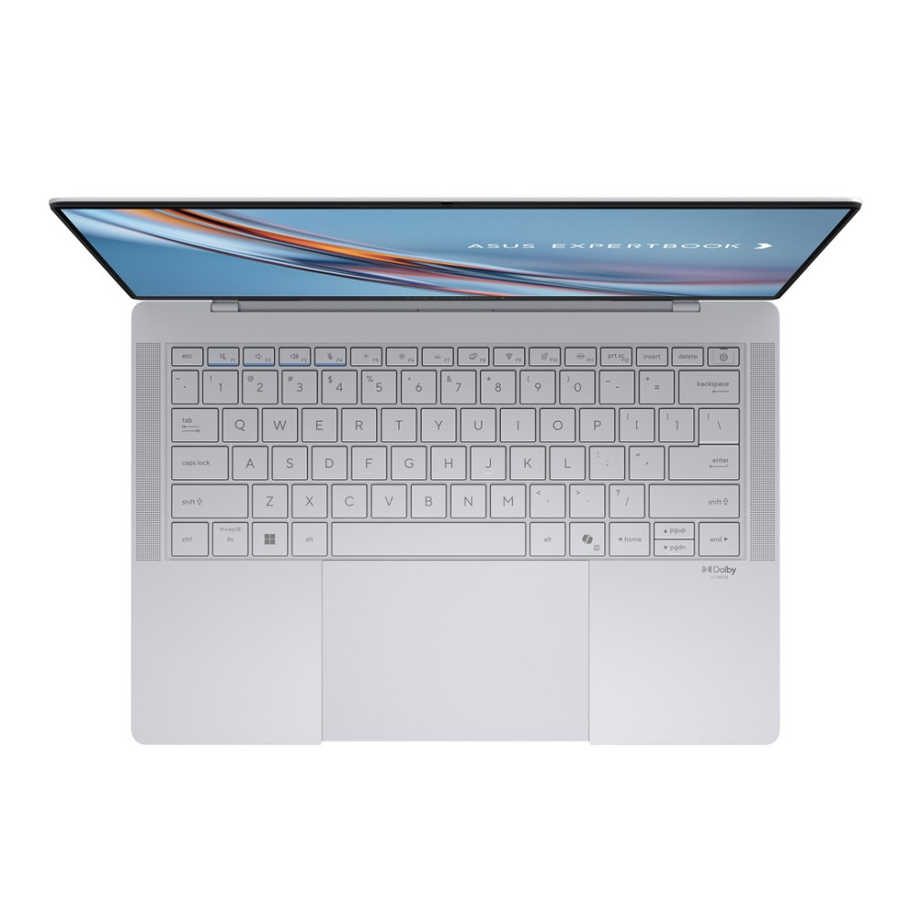 Srebrny laptop ASUS ExpertBook, widziany z góry, z ekranem wyświetlającym niebiesko-biały abstrakcyjny obraz.