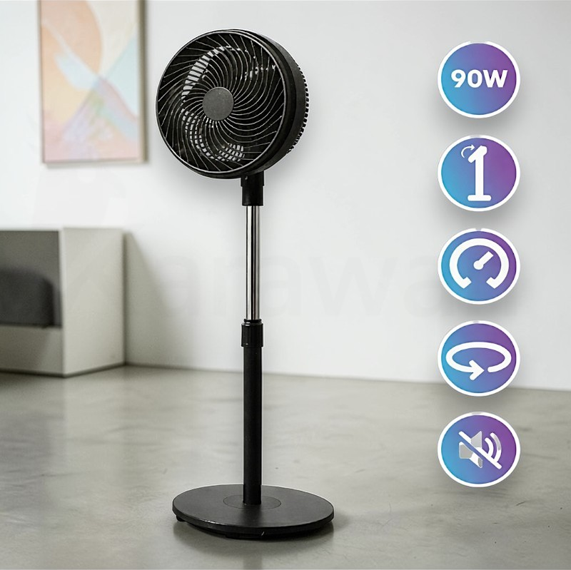 Un ventilador de pie negro con 90W de potencia e iconos de temporizador.
