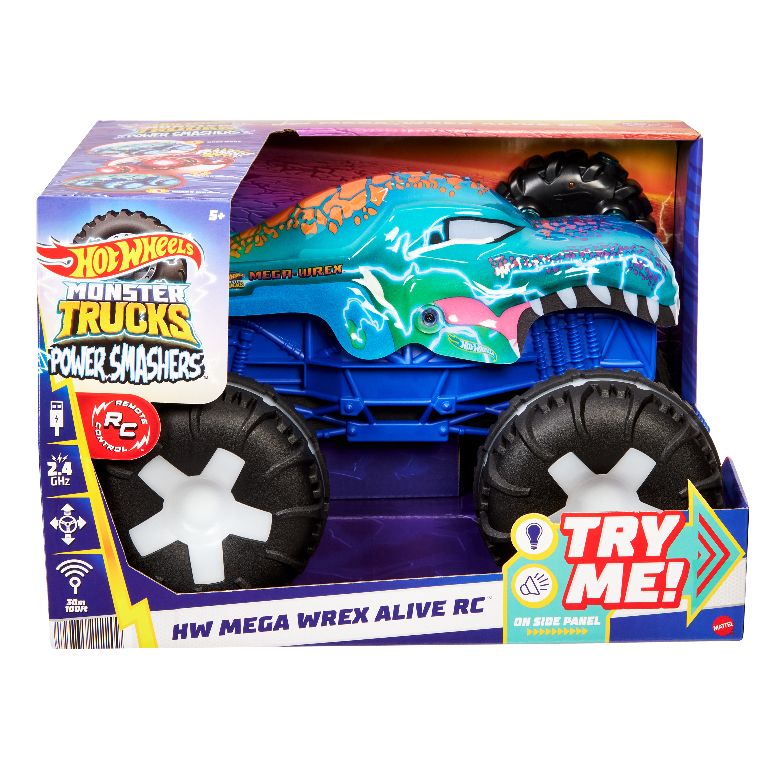 Camión monstruo Hot Wheels "Mega Wrex Alive RC" en caja, azul con detalles verdes.