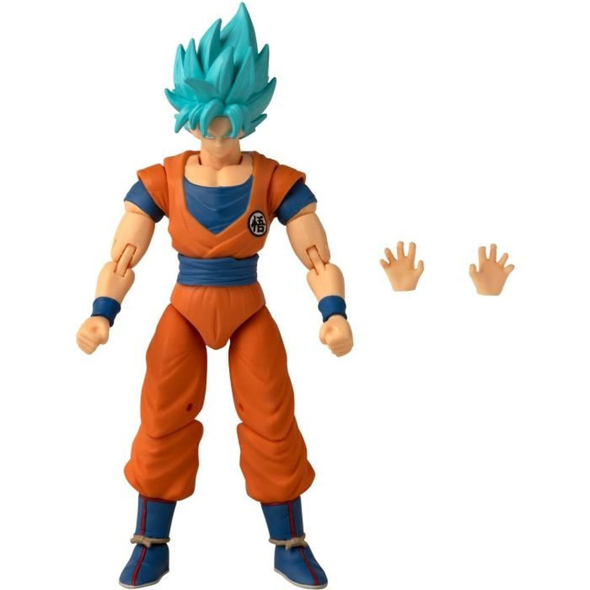 Figurka akcji Goku z niebieskimi włosami, pomarańczowym ubraniem i niebieskimi akcentami.