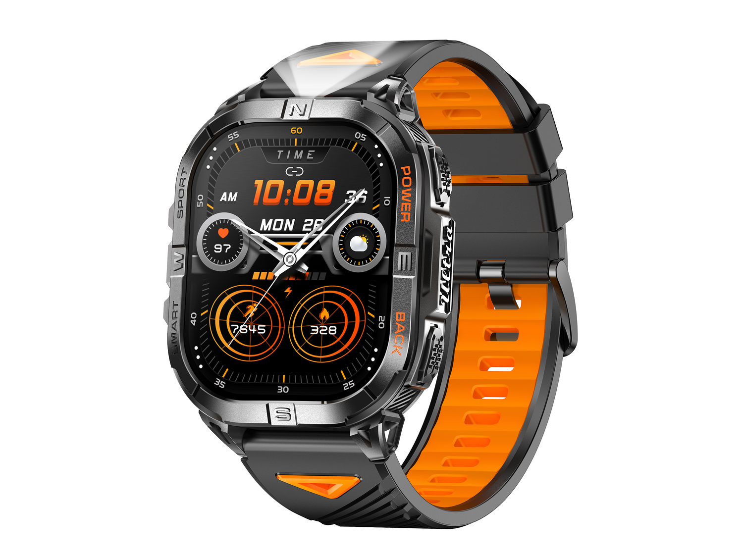 Czarny smartwatch z pomarańczowym paskiem pokazuje 10:08 w poniedziałek 28 września.