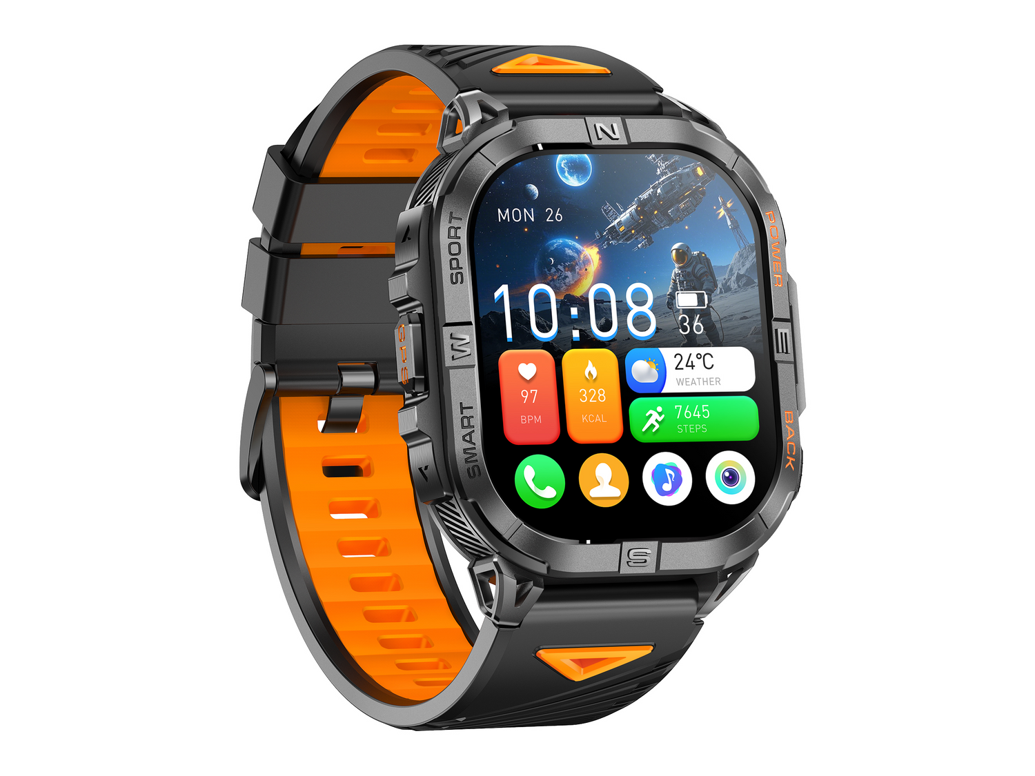 Czarny smartwatch z pomarańczowym paskiem, pokazuje czas, pogodę i kroki.