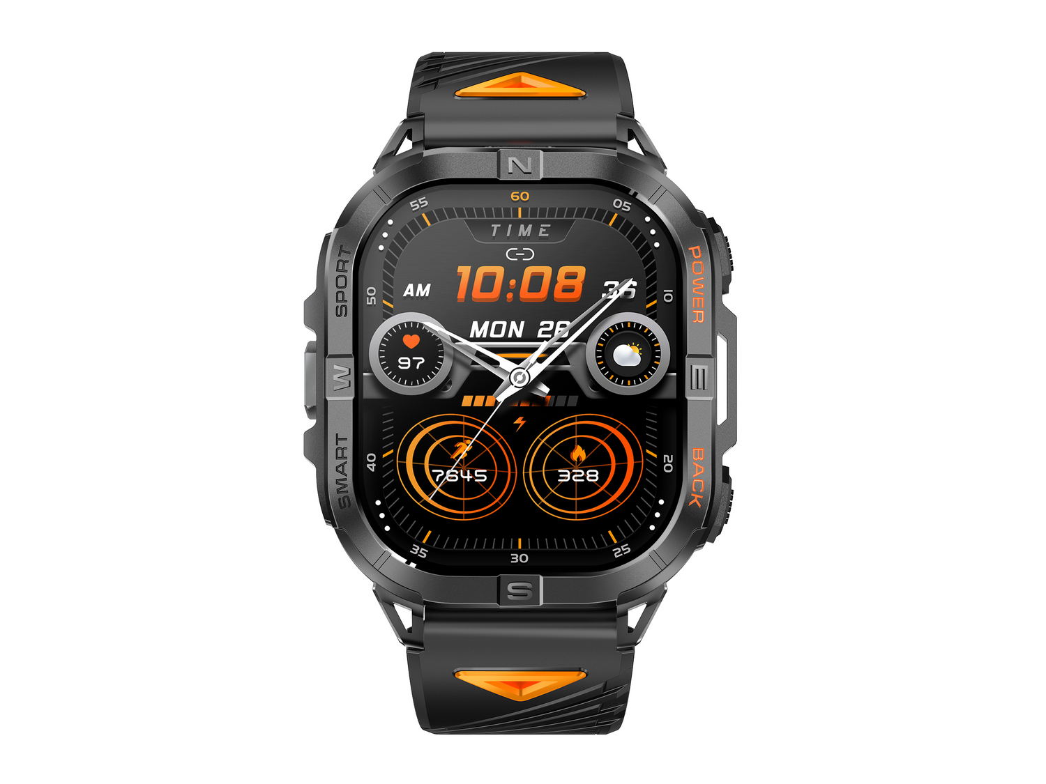 Czarny smartwatch z pomarańczowym wyświetlaczem cyfrowym pokazującym godzinę, datę, kroki i tętno.
