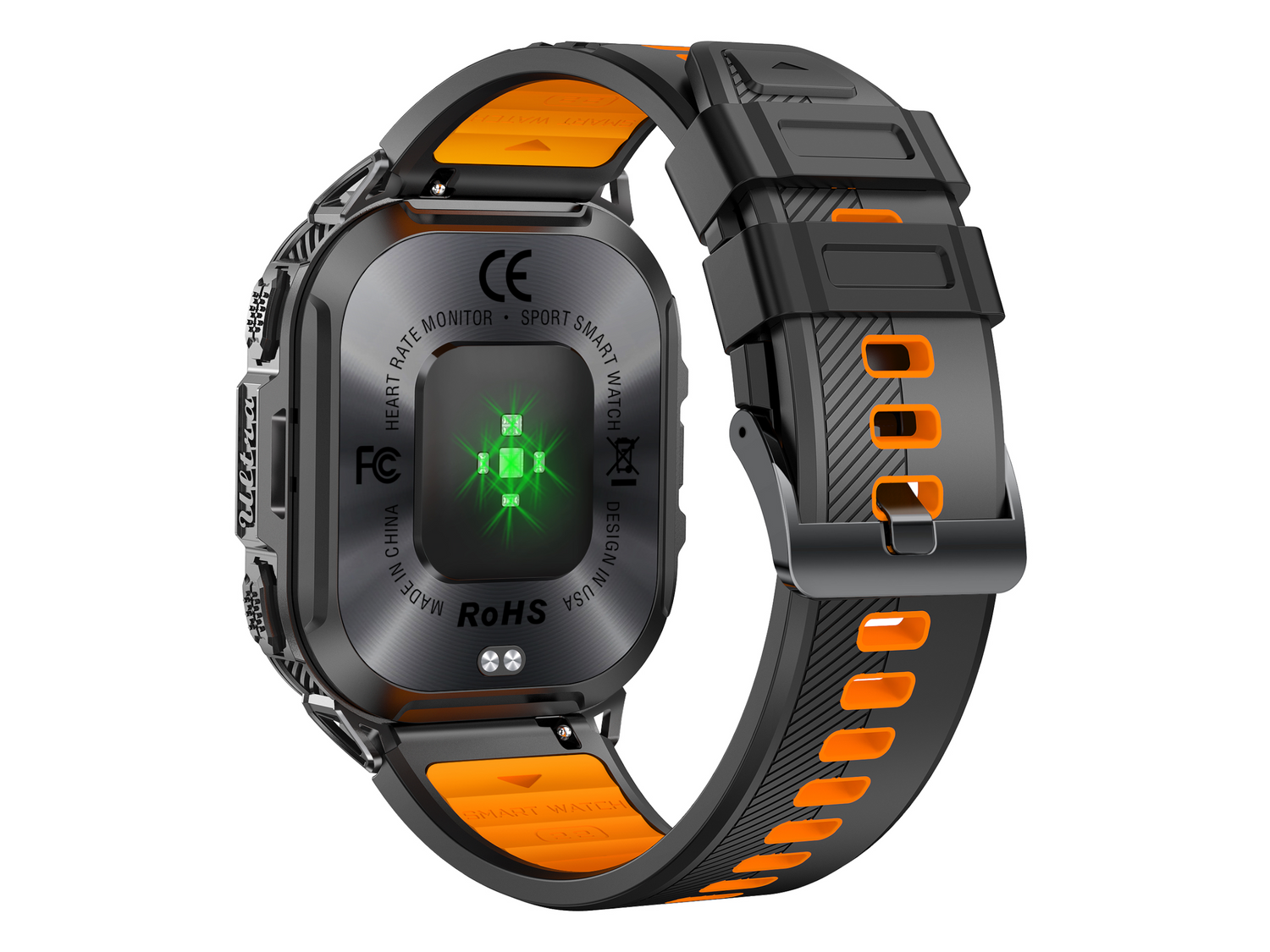 Czarno-pomarańczowy smartwatch sportowy pokazany od tyłu z aktywnym monitorem tętna.