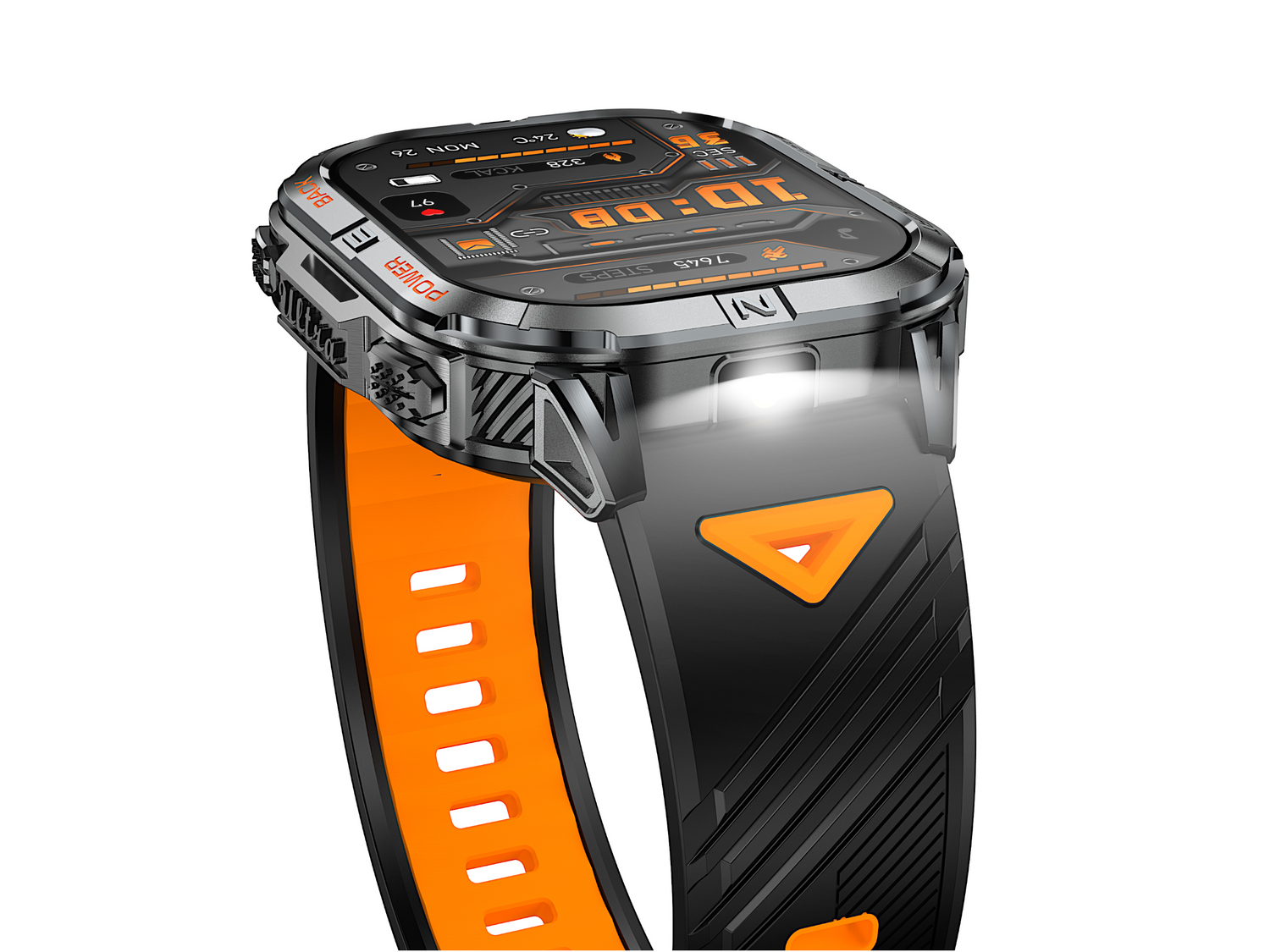 Nowoczesny czarny smartwatch z pomarańczowym paskiem i podświetlanym wyświetlaczem.