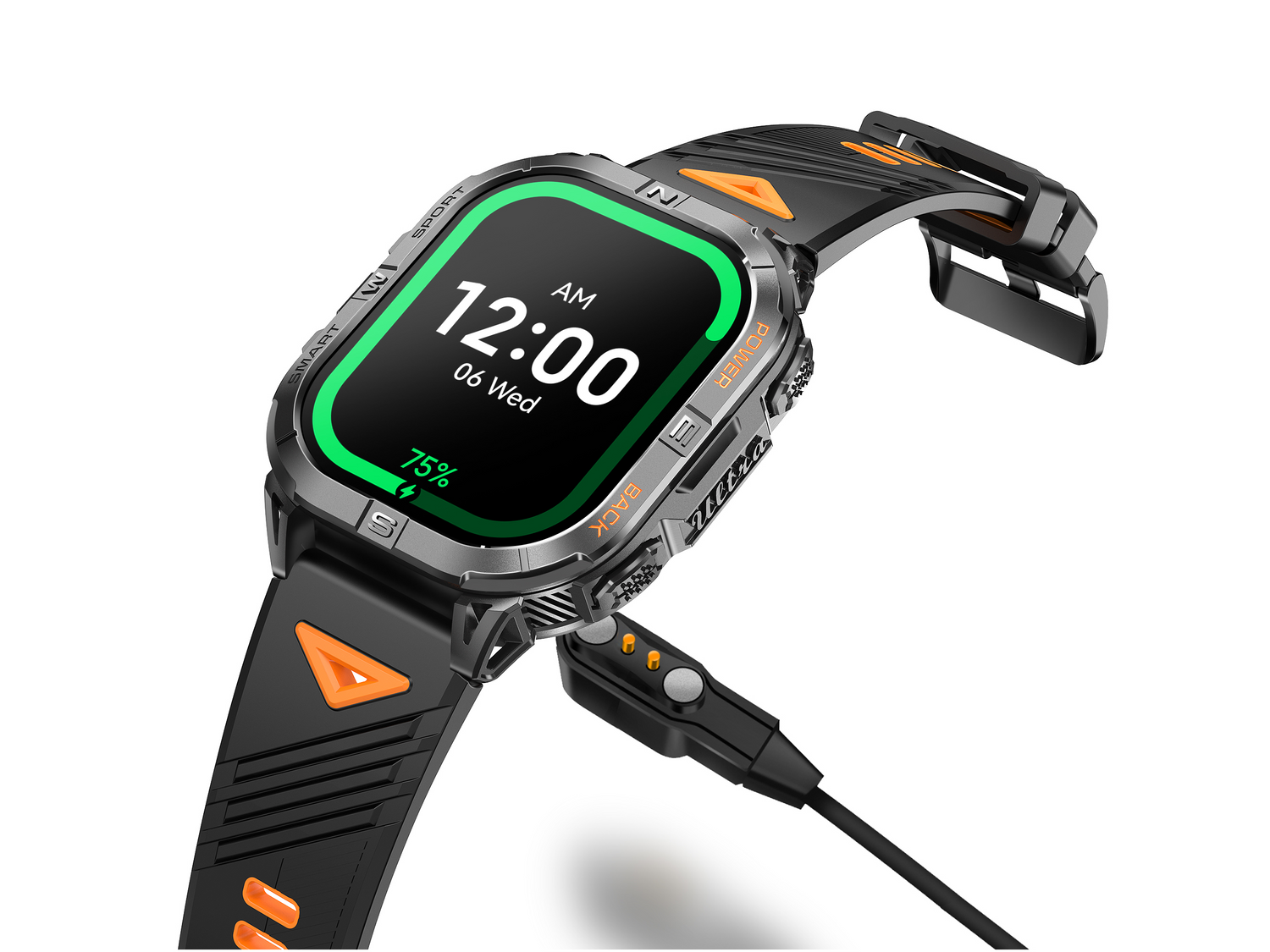 Czarny smartwatch z pomarańczowymi akcentami, w trakcie ładowania. Zegarek pokazuje 12:00 i 75%.