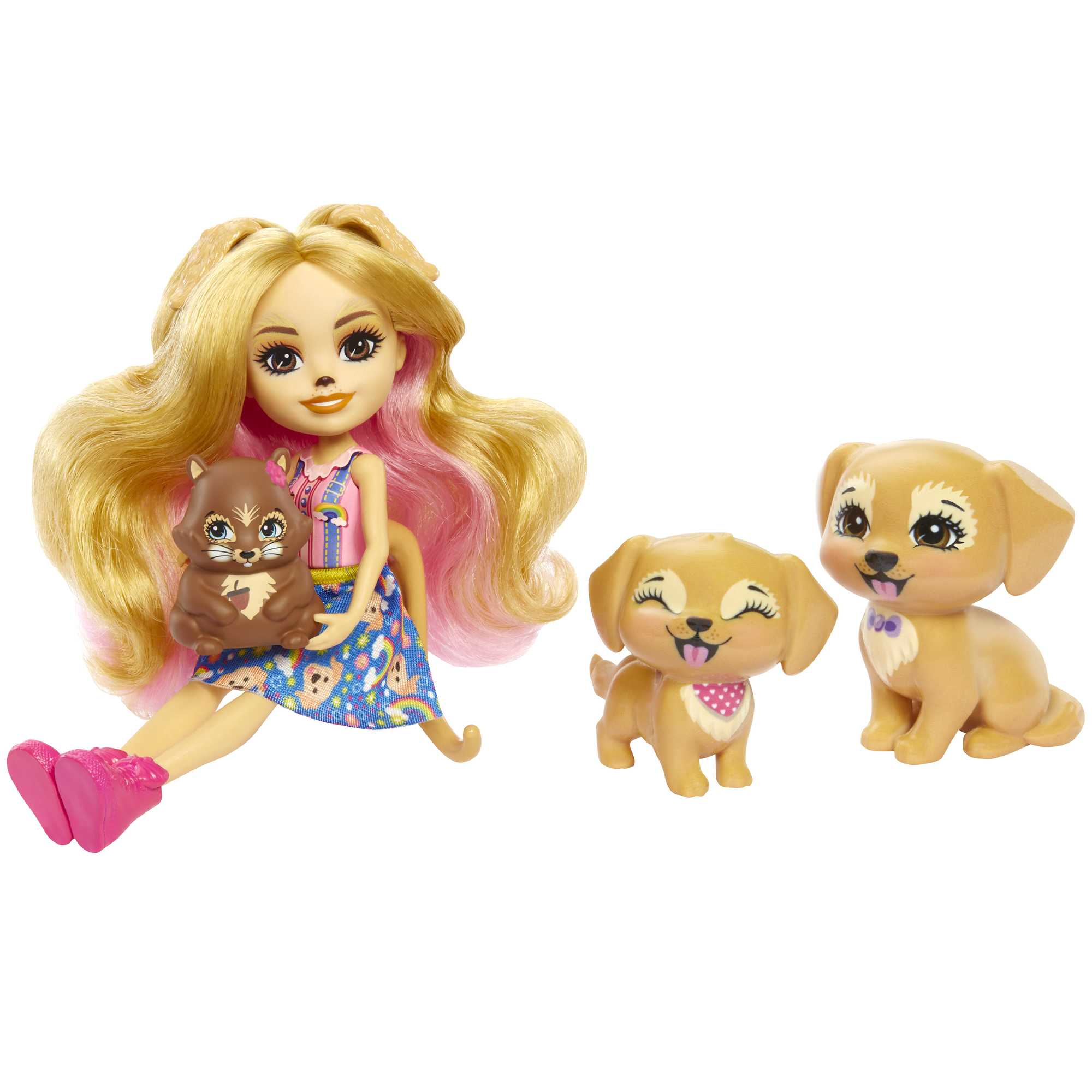 Ein Mädchen mit blonden Haaren hält ein braunes Eichhörnchen; daneben zwei Hunde.