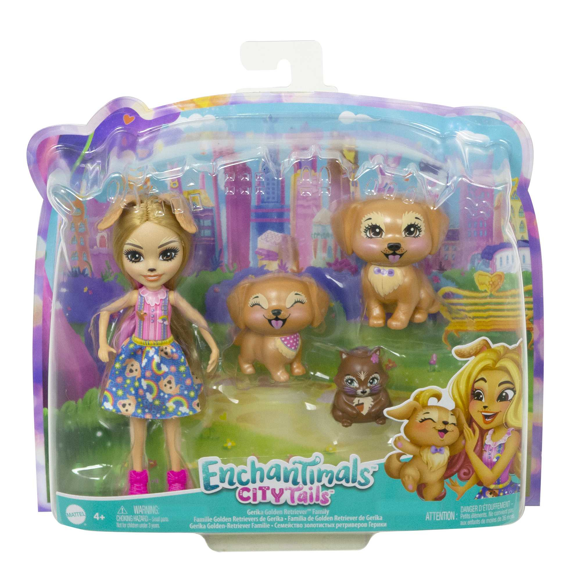 Enchantimals City Tails Gerika Golden Retriever Familie Spielzeug-Set mit Puppe und Hunden.