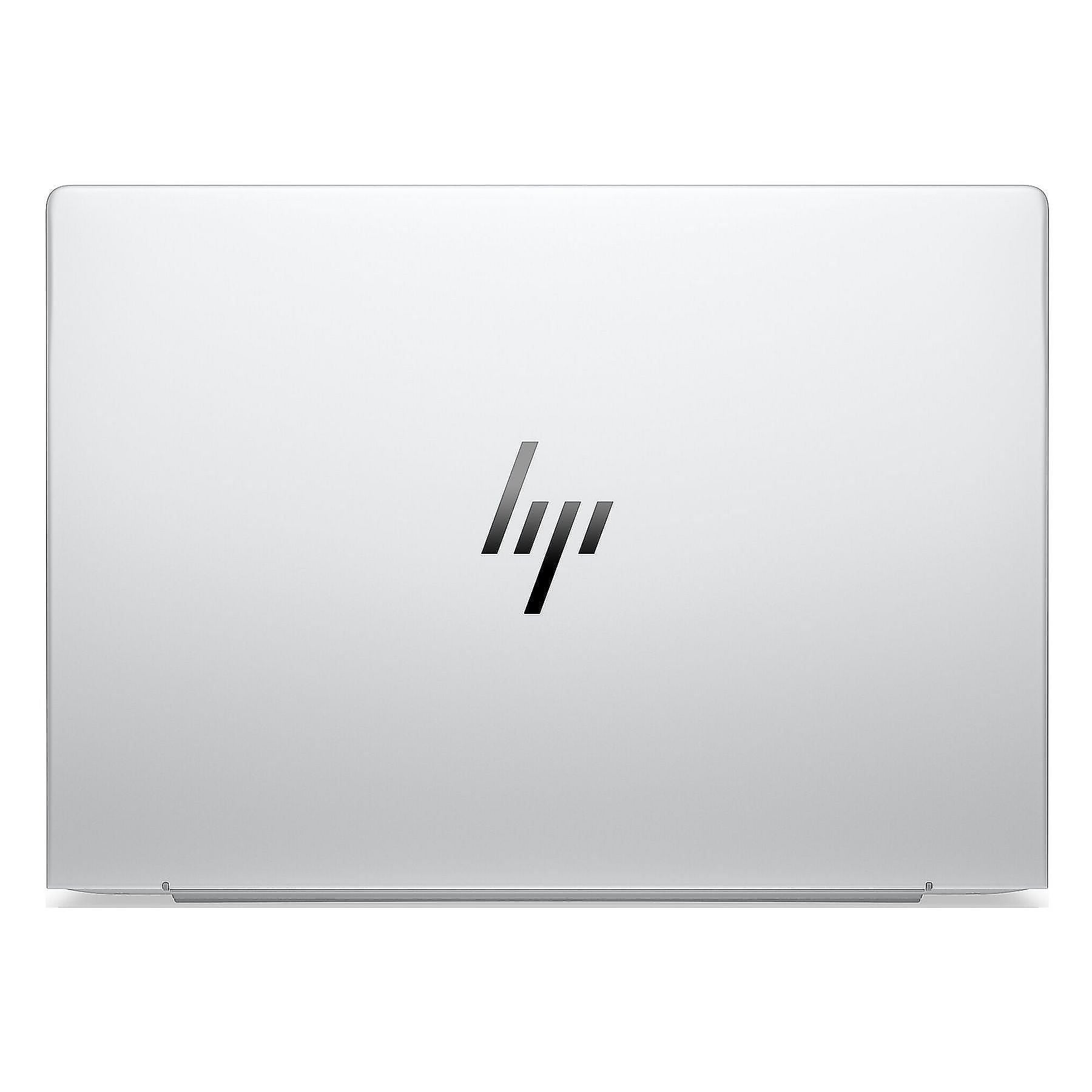 Laptop argentato con logo HP sul retro.