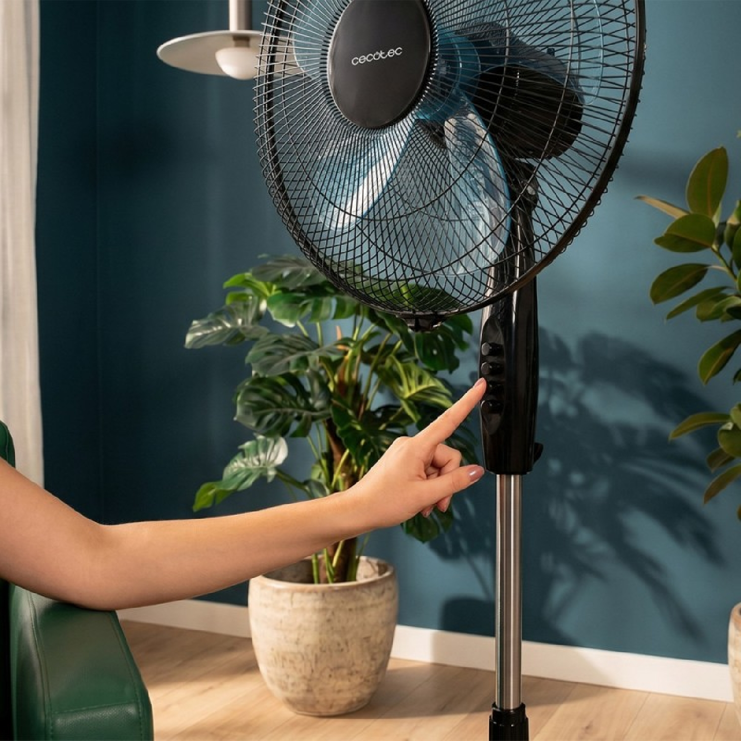 Una mano presiona un botón en un ventilador de pie negro. Plantas en maceta al fondo.