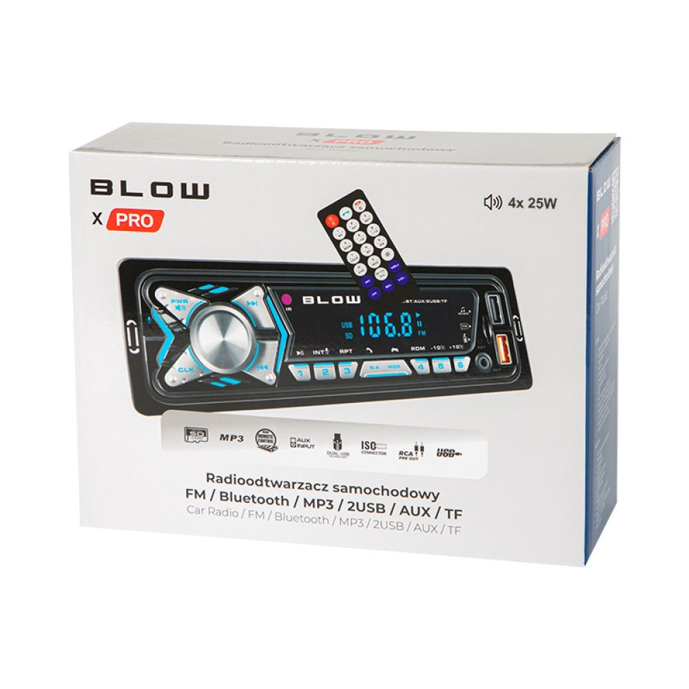 Radio samochodowe w pudełku z pilotem, pokazujące funkcje USB, Bluetooth, FM.