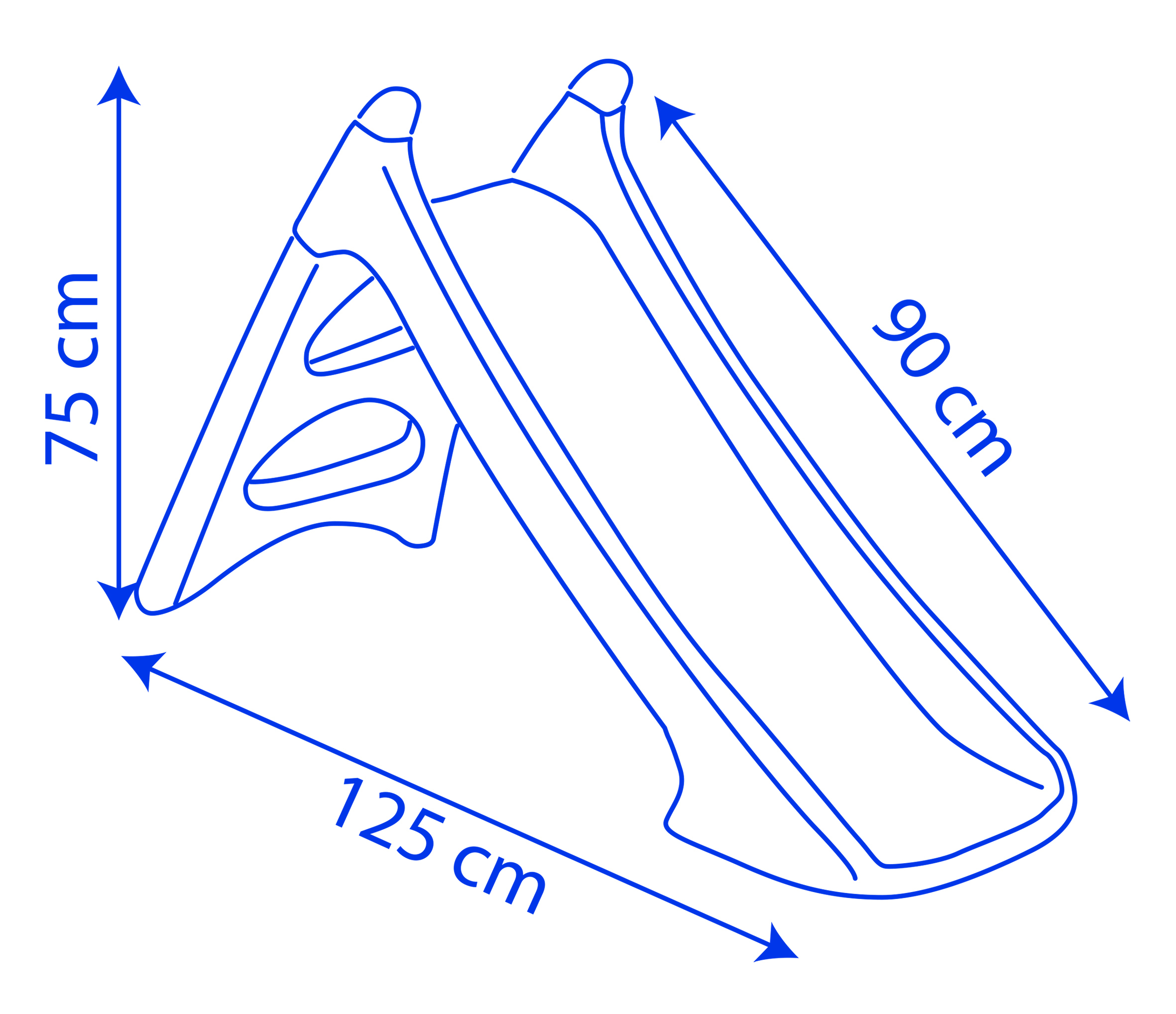Disegno a contorno blu di uno scivolo per bambini con dimensioni: altezza 75cm, lunghezza 90cm, larghezza 125cm.