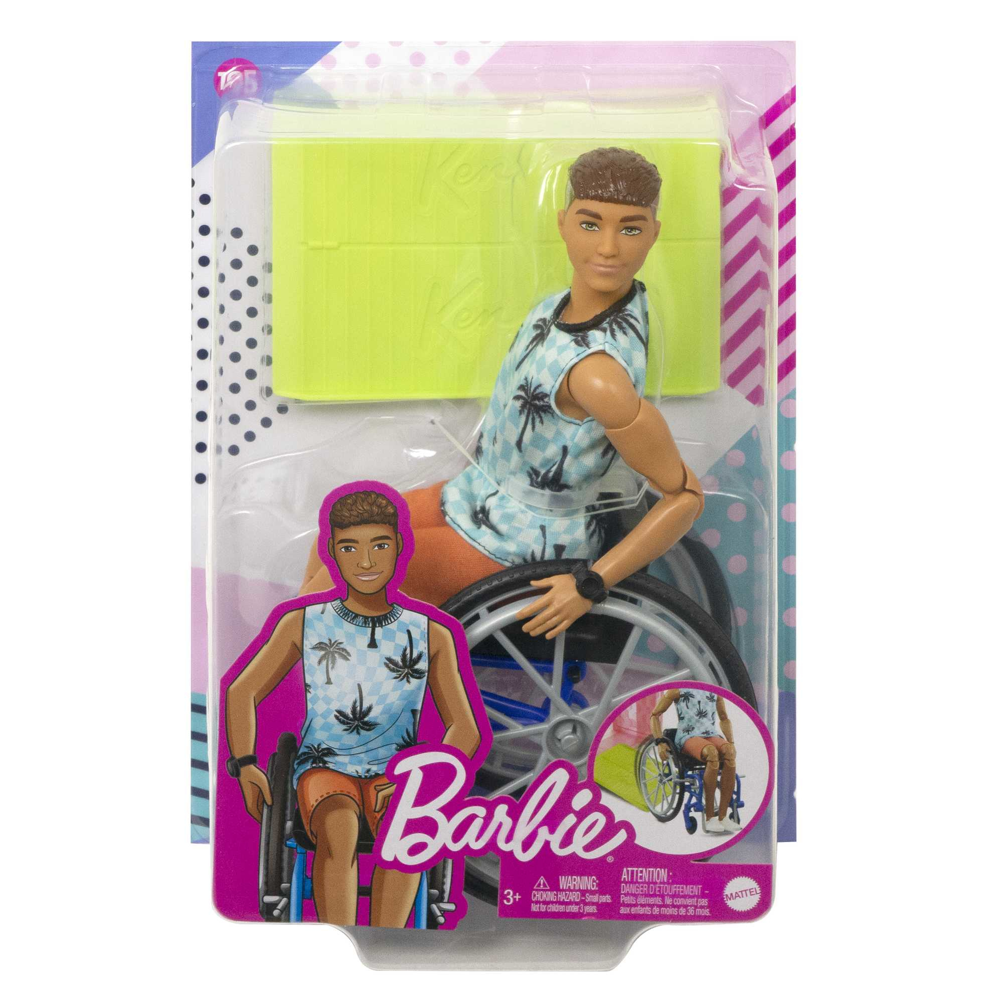 Barbie-Puppe im Rollstuhl mit Palmenhemd und orangefarbener Hose, in Box.